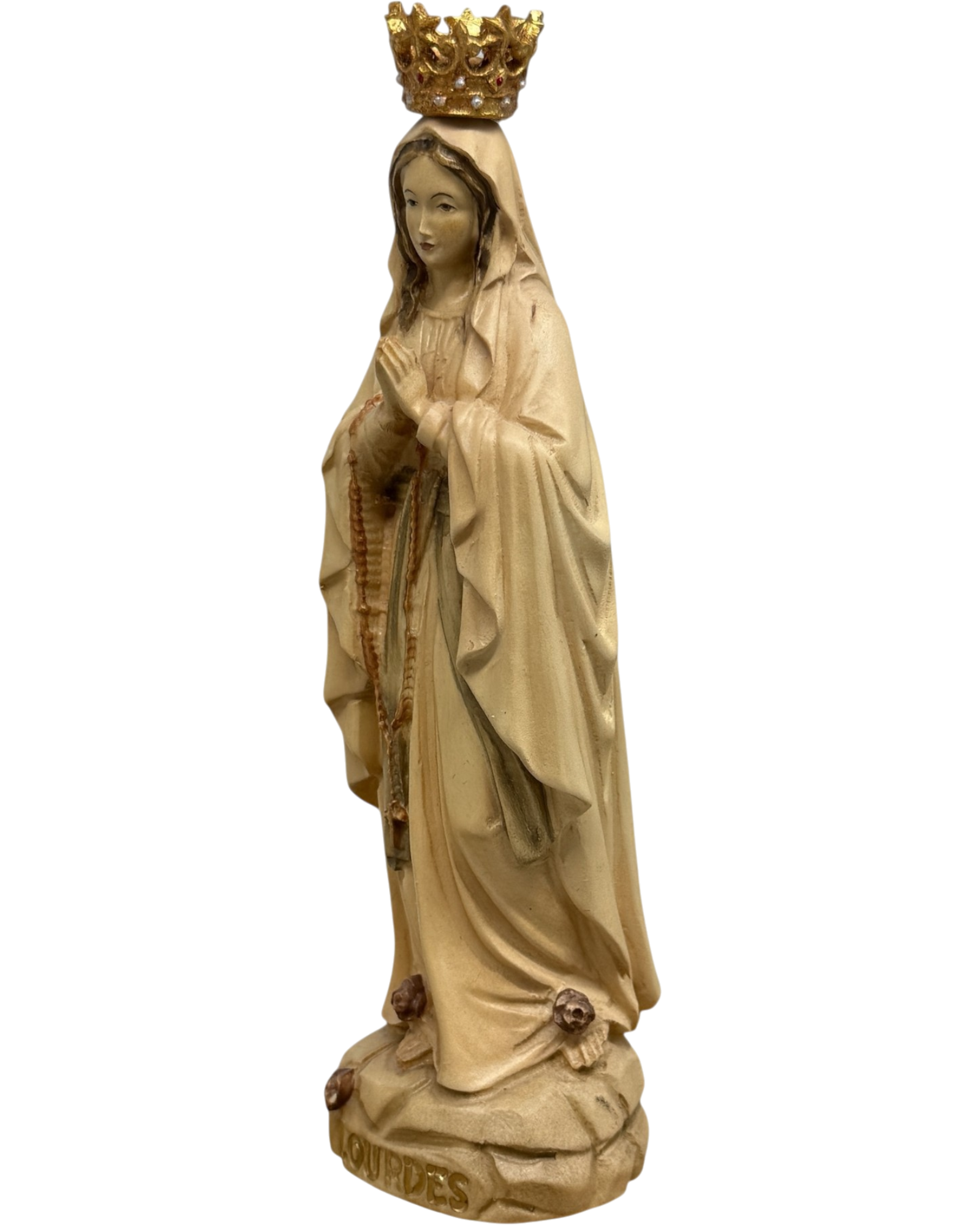 Our Lady of Lourdes Statue with Golden Crown in Carved Wood