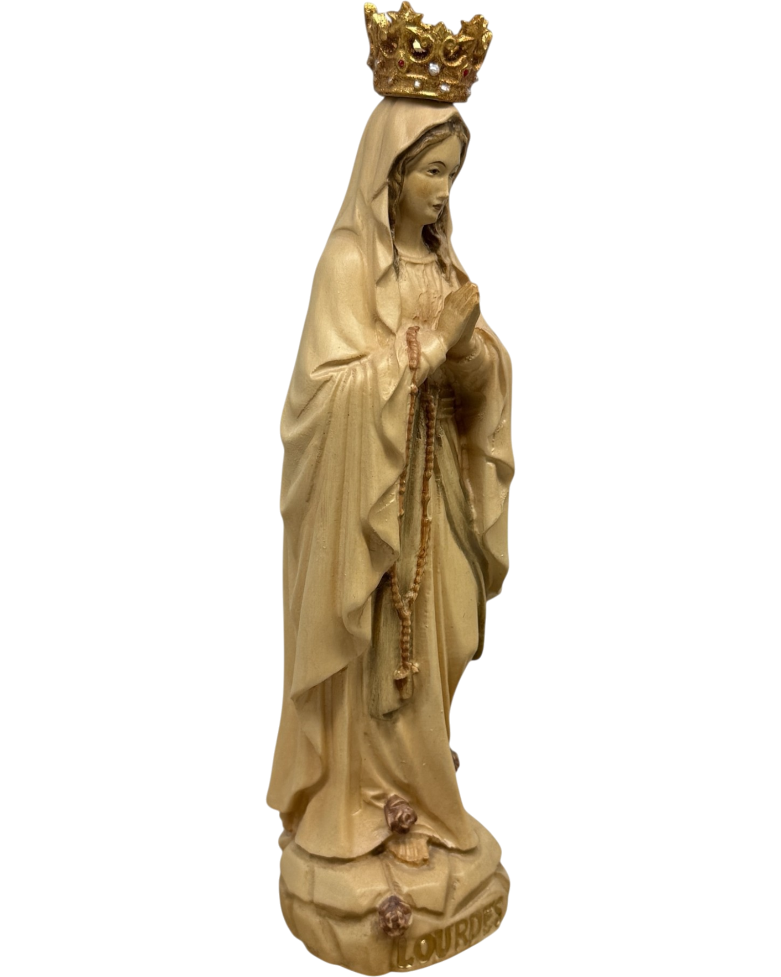 Our Lady of Lourdes Statue with Golden Crown in Carved Wood