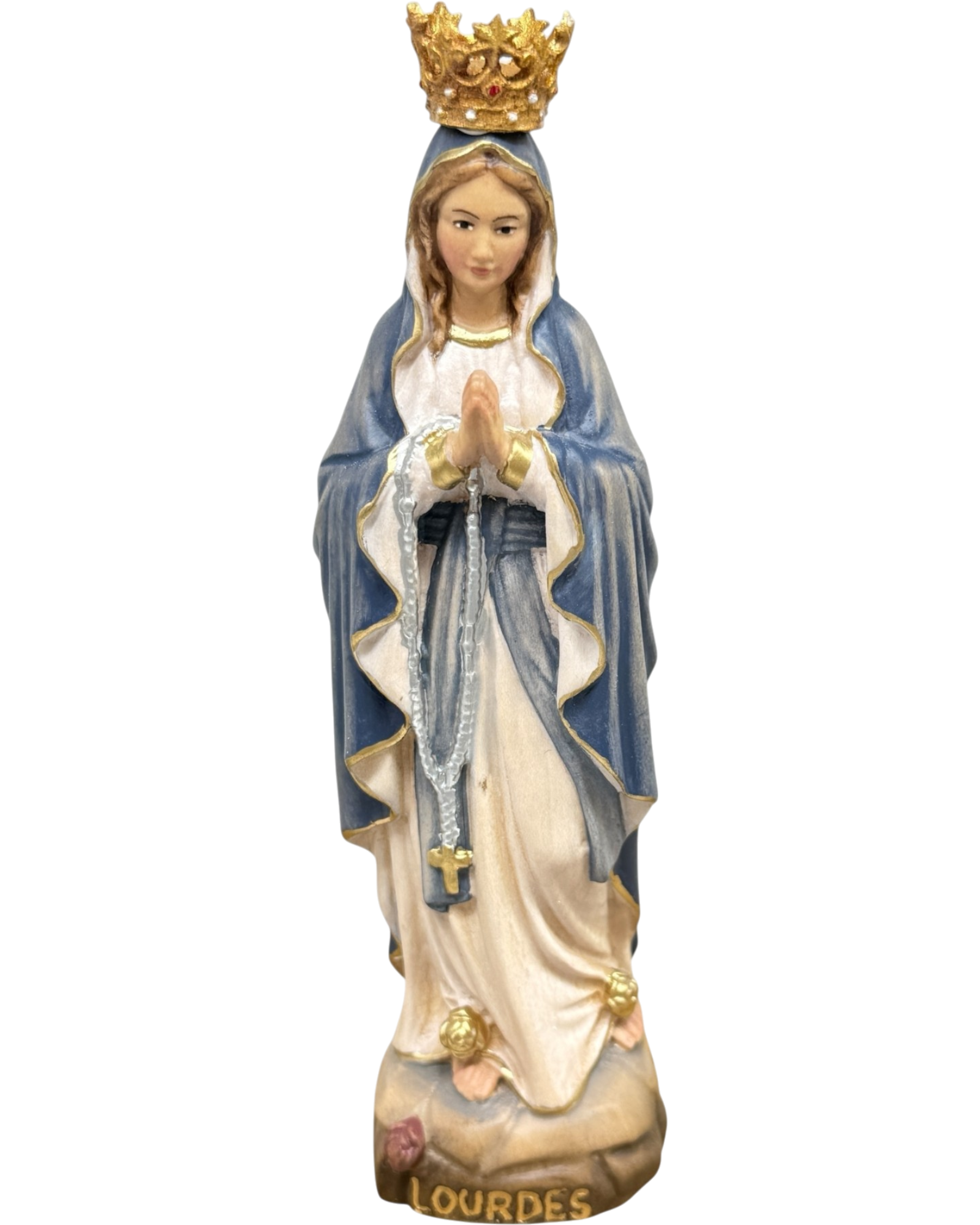 Our Lady of Lourdes Statue with Golden Crown in Carved Wood