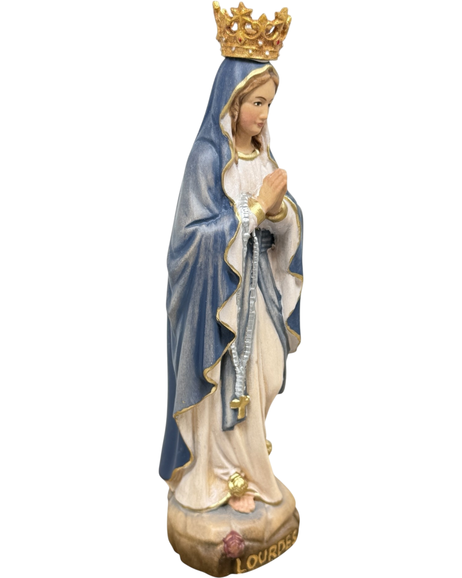 Our Lady of Lourdes Statue with Golden Crown in Carved Wood