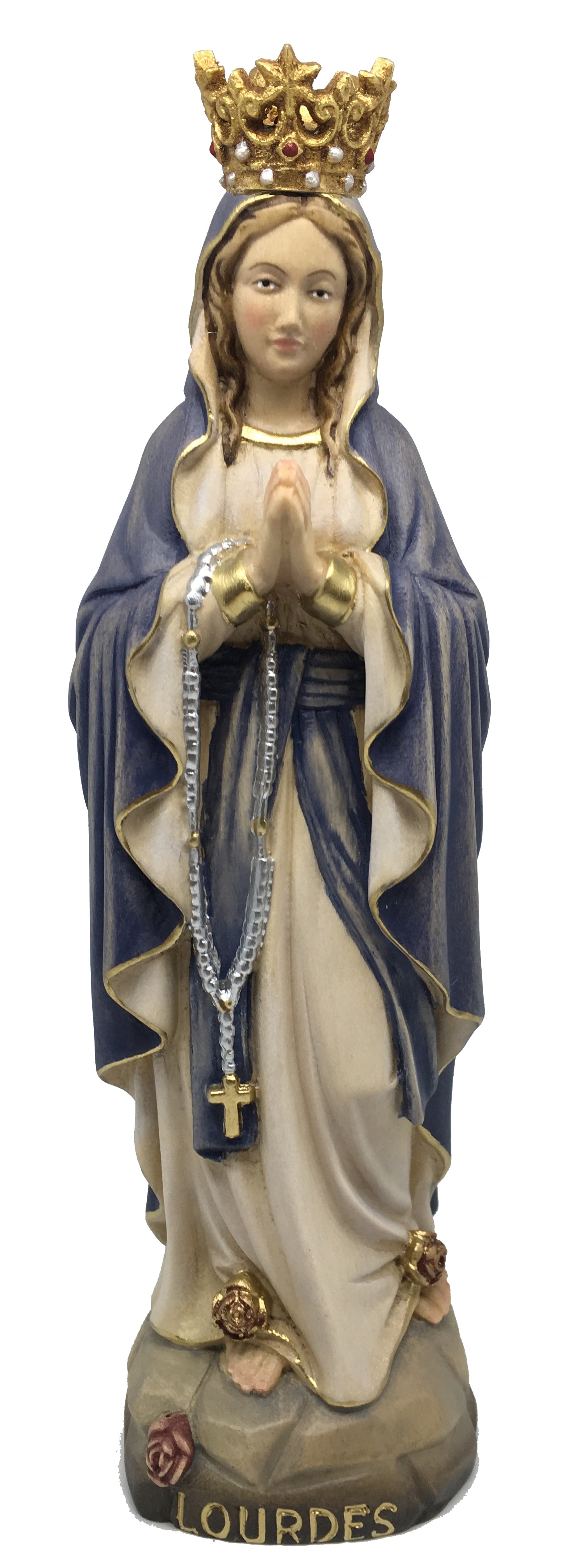 Lourdes Madonna mit Krone aus Holz - mit Ölfarben lasiert