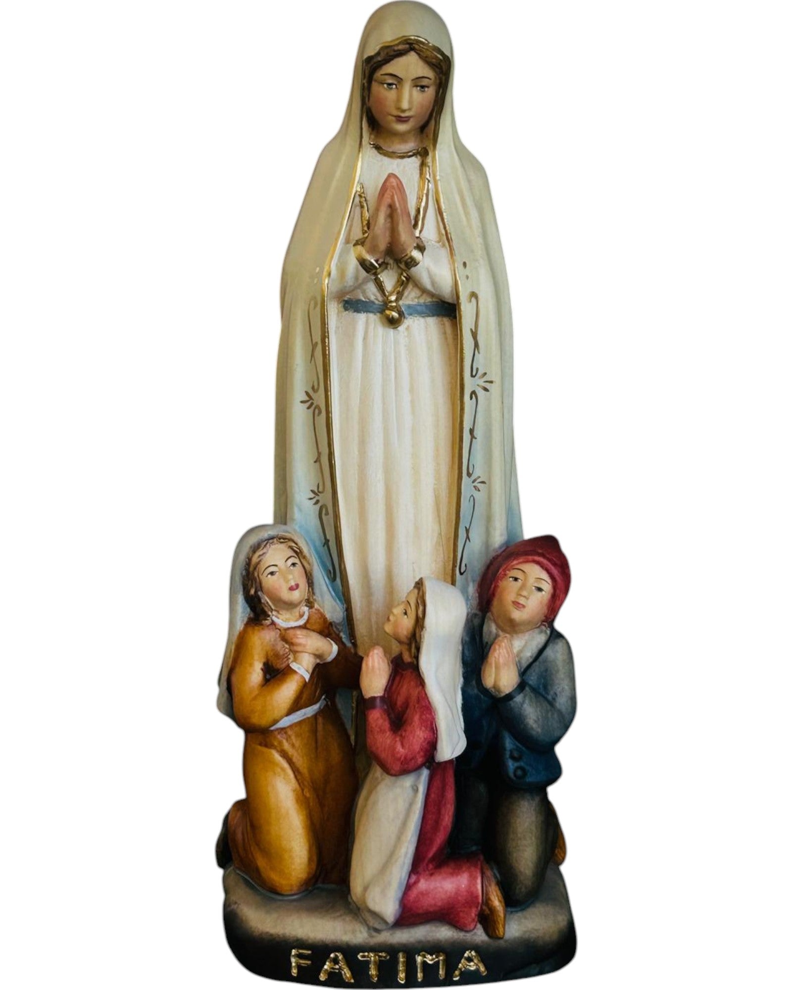 Madonna aus Fatima mit Hirtenjungen aus Holz - mit Ölfarben lasiert