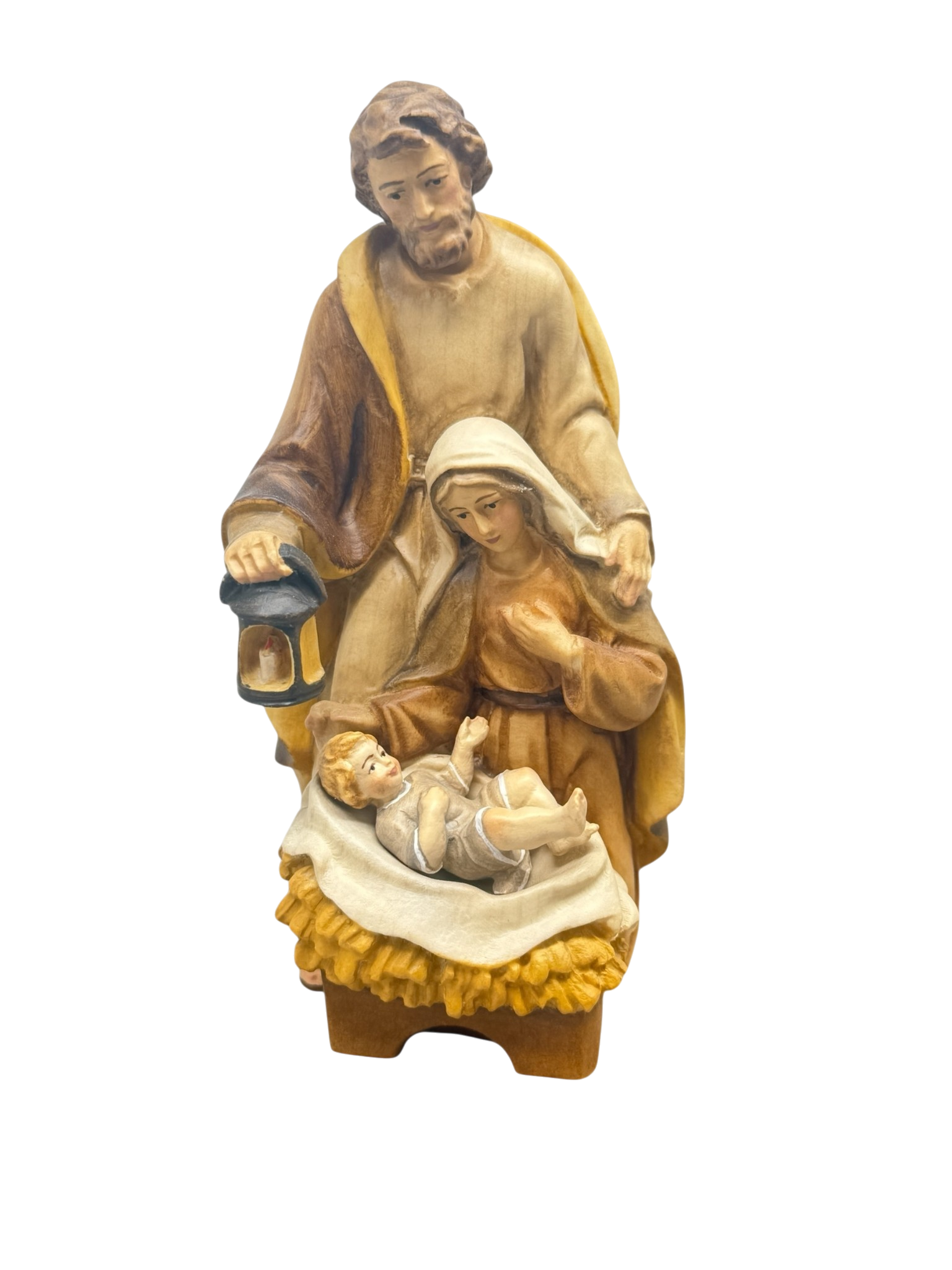 Sacra Famiglia Scolpita in Legno con Culla Barocca | Dipinta a Mano | Val Gardena