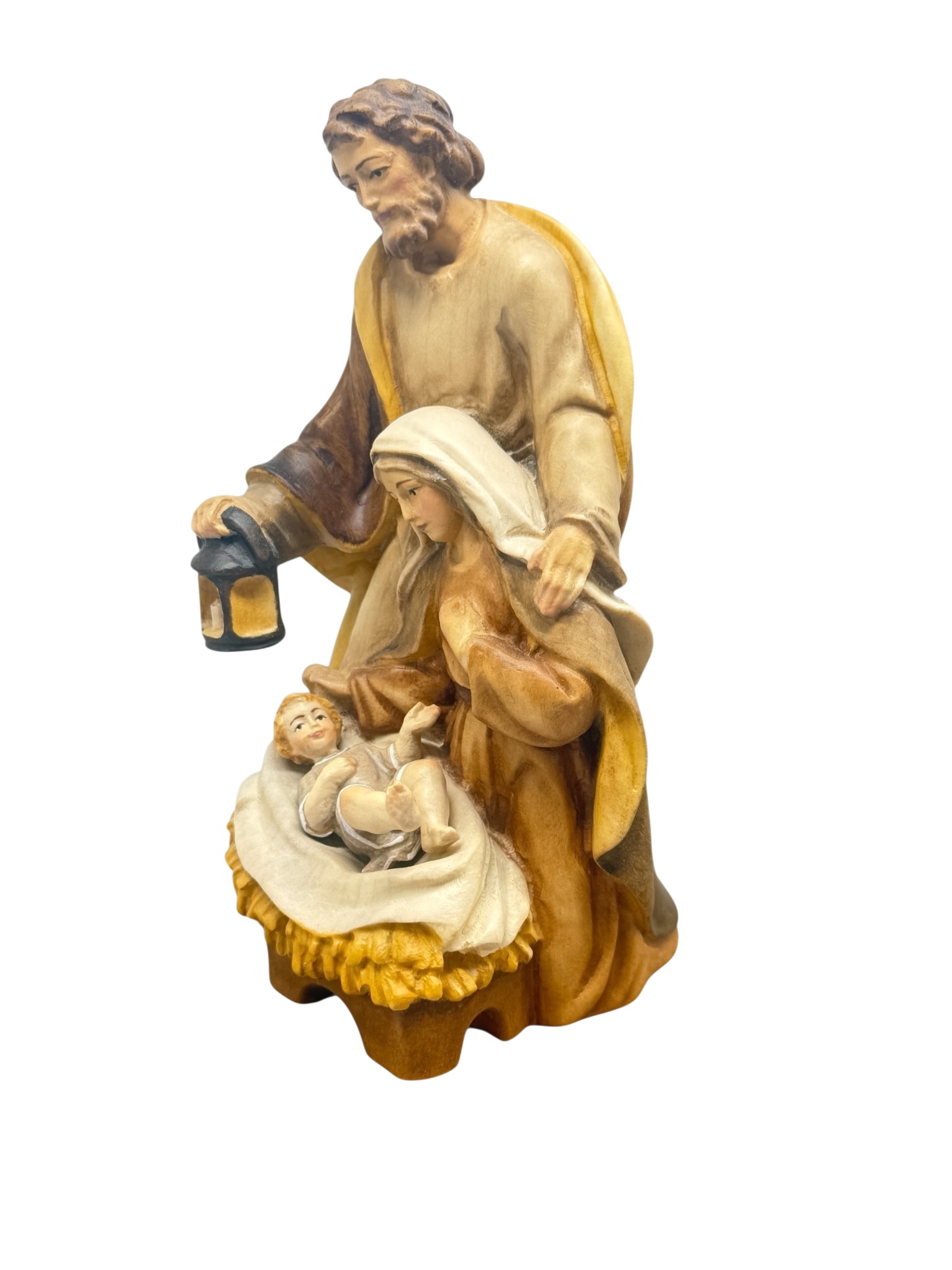 Sacra Famiglia Scolpita in Legno con Culla Barocca | Dipinta a Mano | Val Gardena