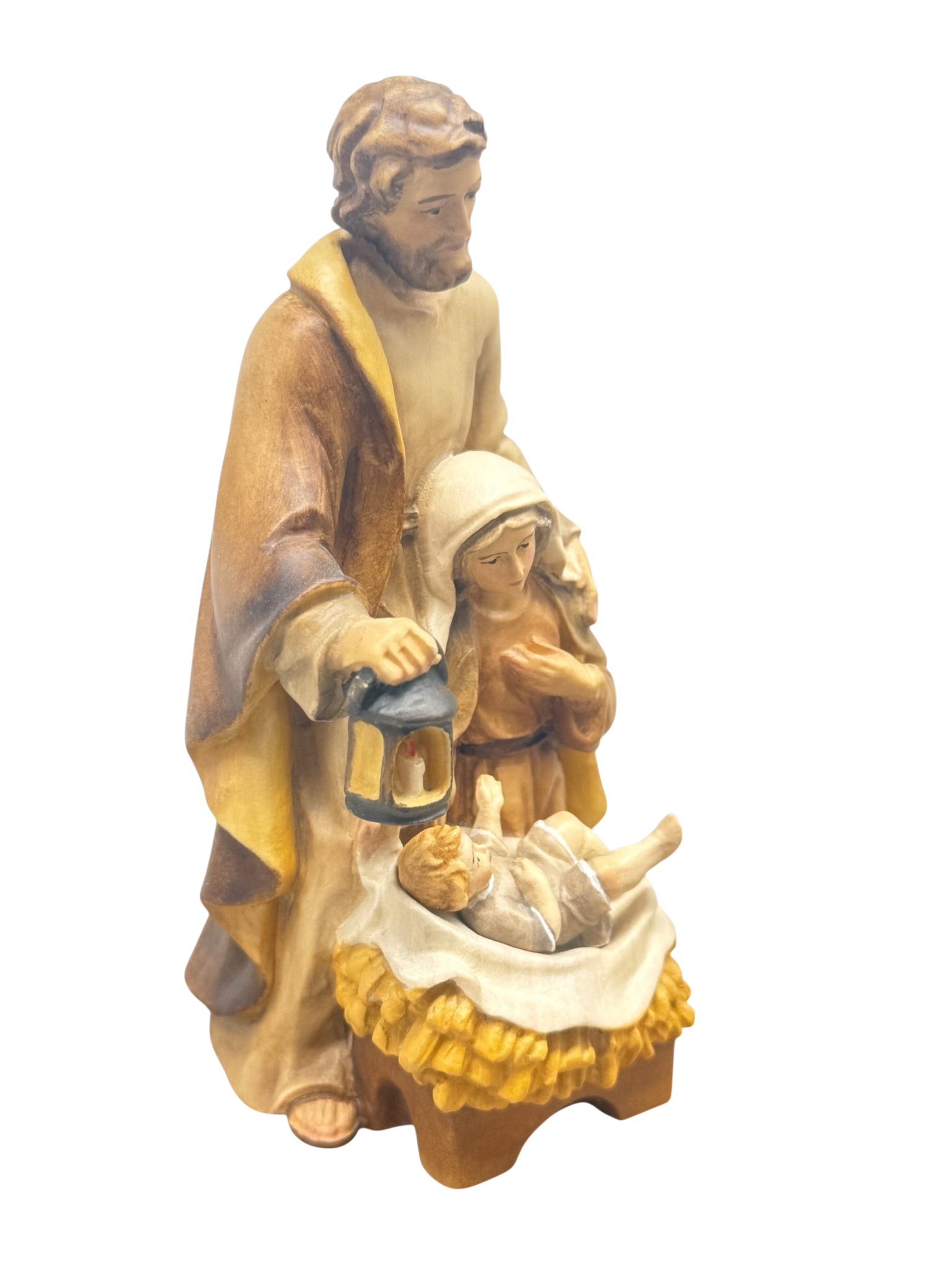 Sacra Famiglia Scolpita in Legno con Culla Barocca | Dipinta a Mano | Val Gardena