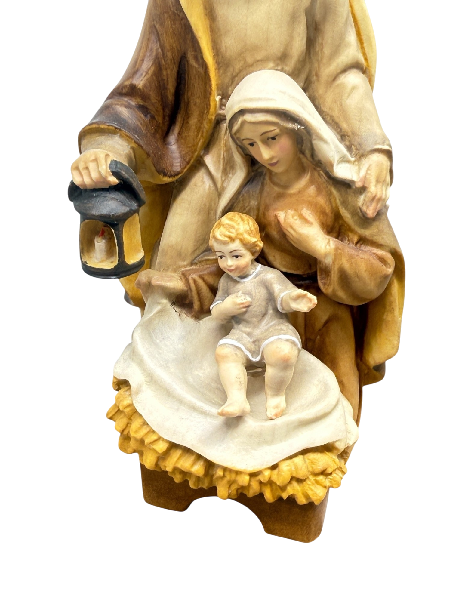 Sacra Famiglia Scolpita in Legno con Culla Barocca | Dipinta a Mano | Val Gardena