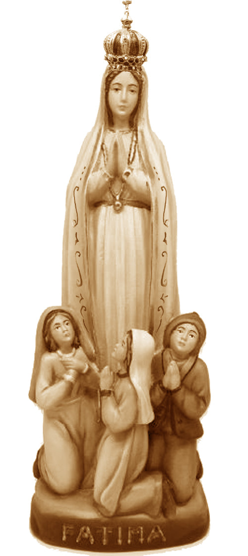 Madonna von Fatima mit Hirtenjungen und Krone aus Holz - mit Ölfarben lasiert