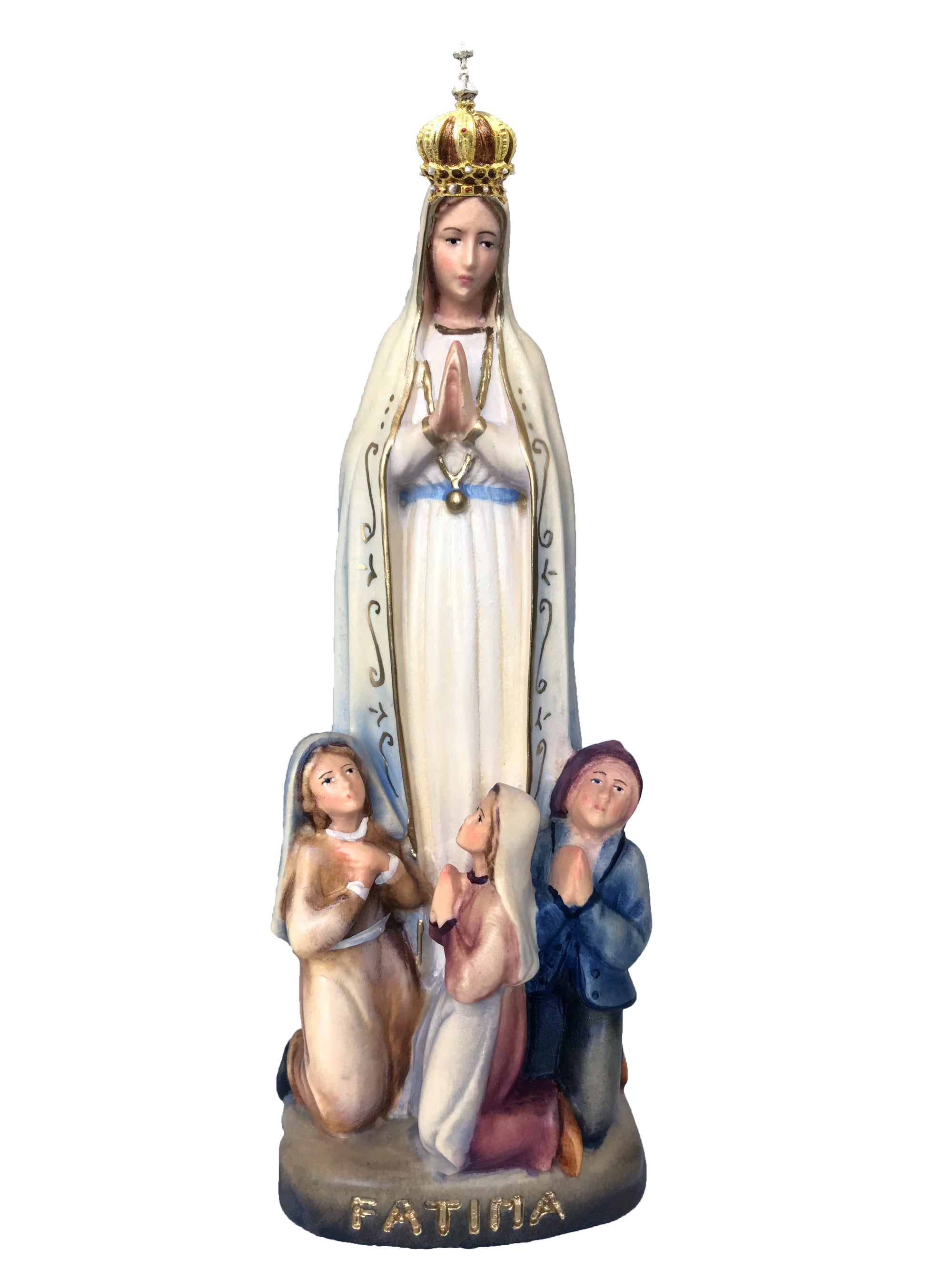 Madonna von Fatima mit Hirtenjungen und Krone aus Holz - mit Ölfarben lasiert