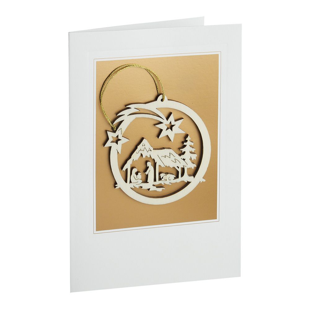 Biglietto di auguri natalizio con presepe in legno