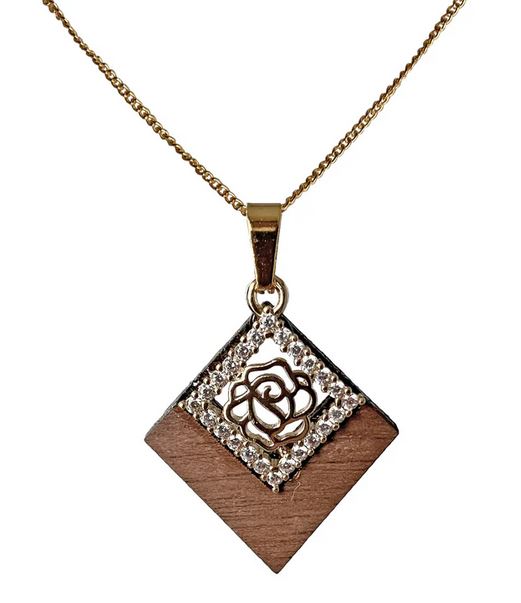 Walnut Wood Rhombus Necklace | Floral Motif