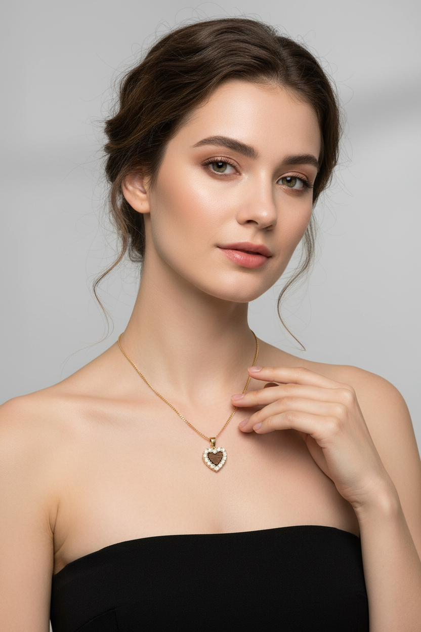 Walnut Wood Heart Necklace with Swarovski Crystals | Natural Radiance