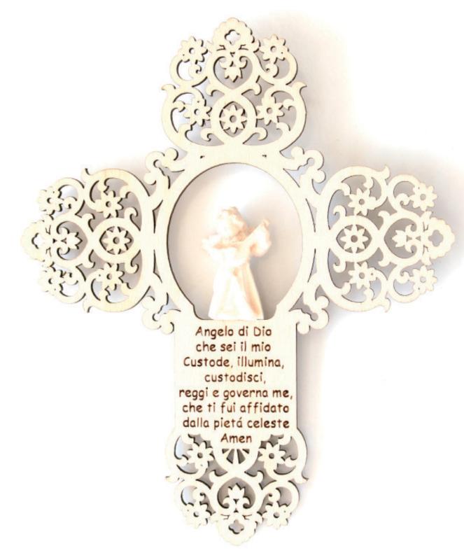 Ange gardien sculpté avec prière sur croix