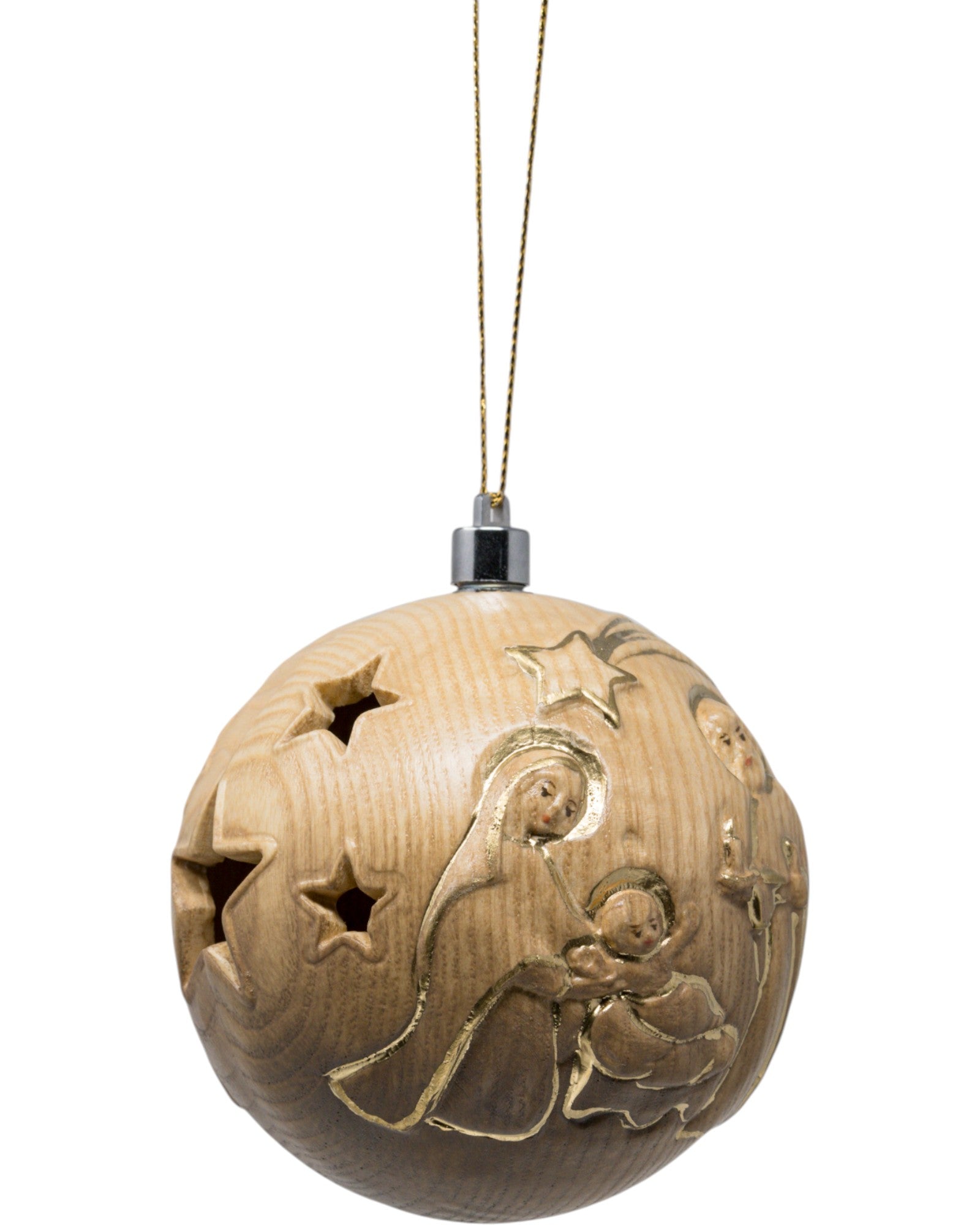 Palla natalizia scolpita in legno con led