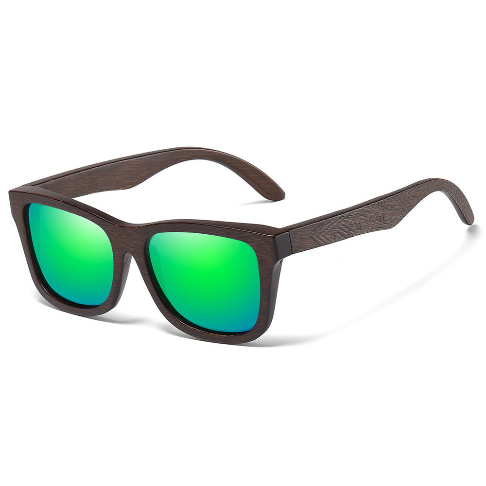 Lunettes de Soleil en Bois de Noyer Noble | Verres Polarisés Miroir Verts | Dolfi