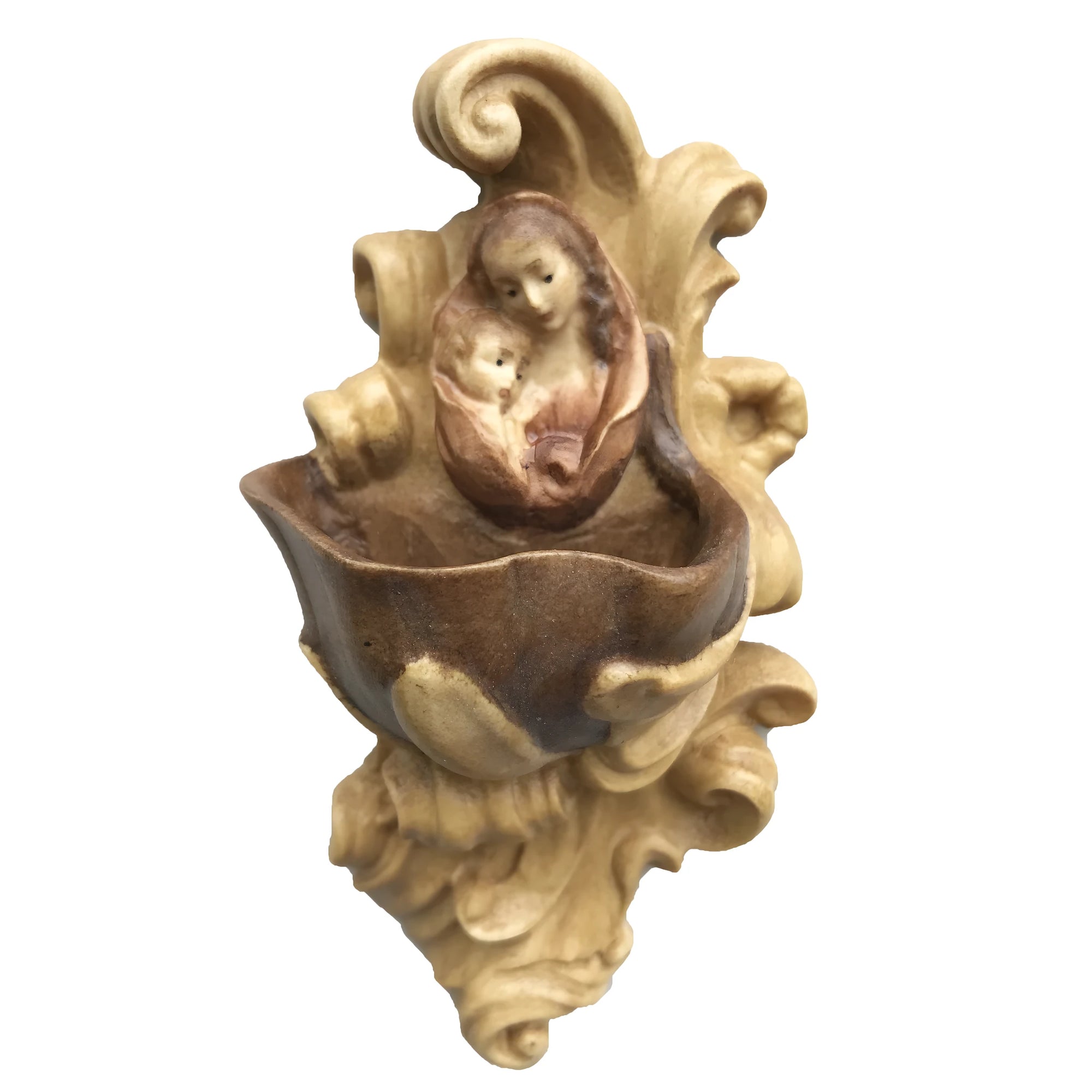 Carved Wooden Wall Stoup: Madonna and Child