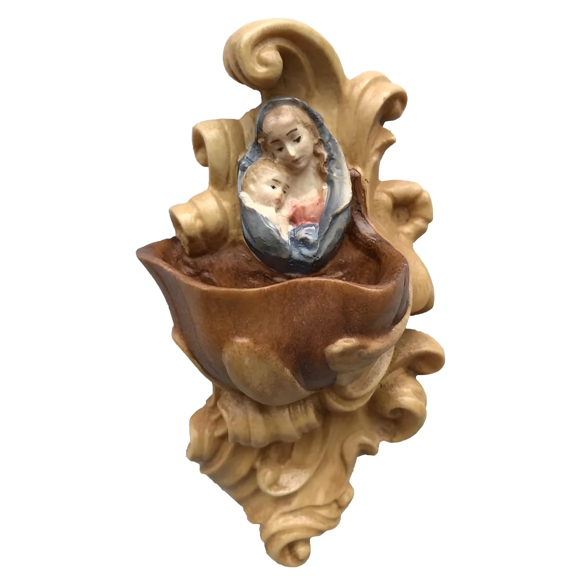 Carved Wooden Wall Stoup: Madonna and Child