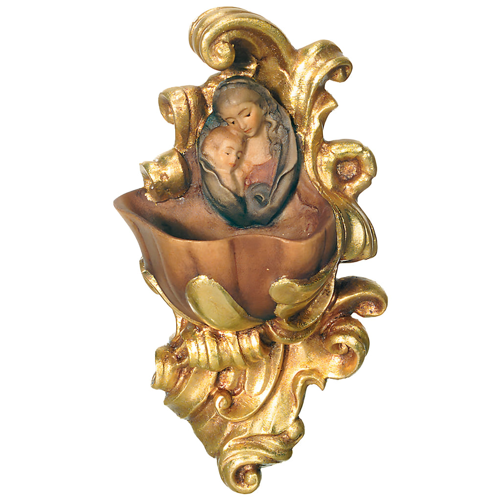 Bénitier Mural en Bois Sculpté : Madone à l'Enfant