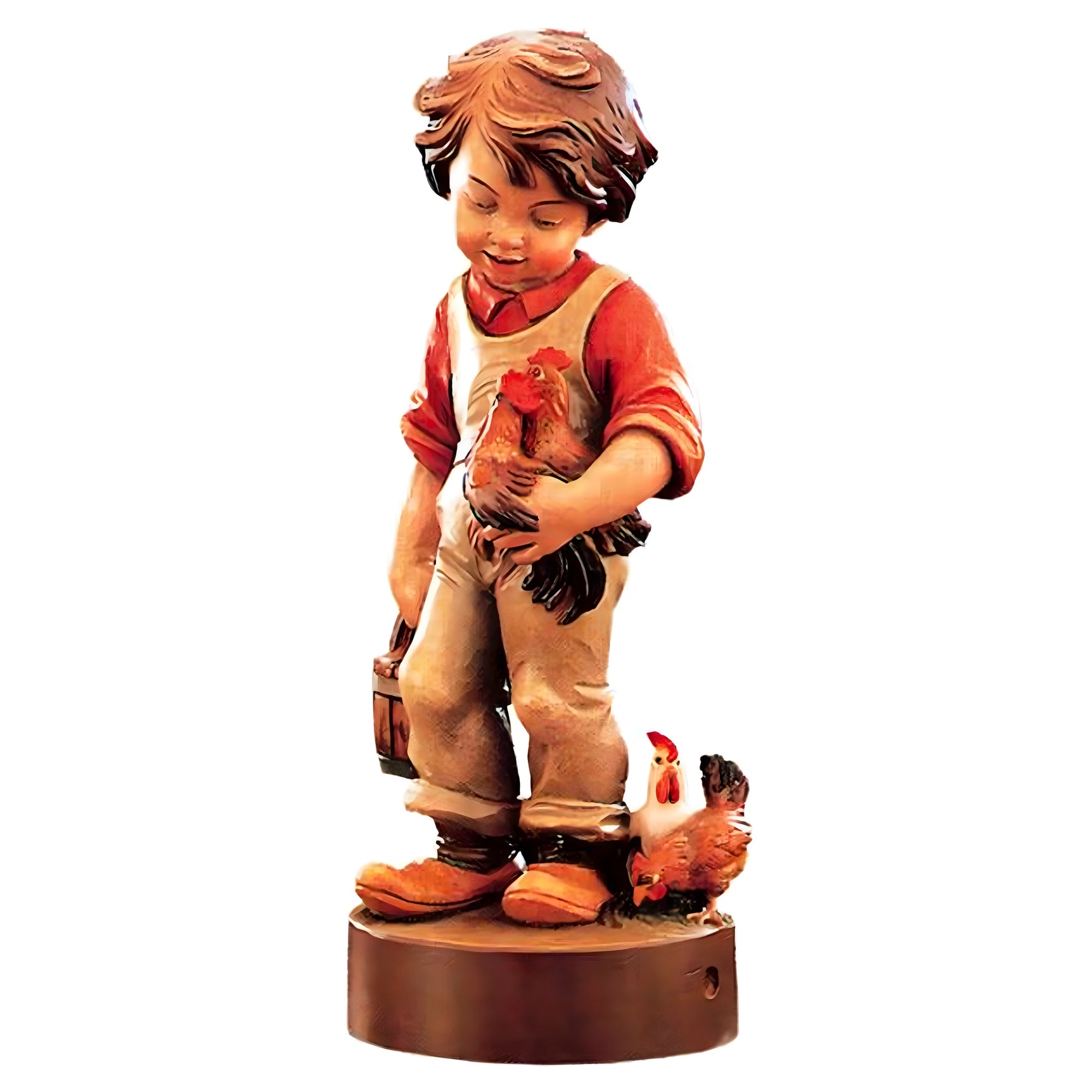 Affetto Contadino: Scultura w Drewnie Dziecko z Kogutem i Kurami