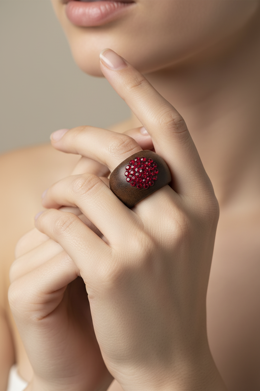 Anello in Legno di Noce con Cristalli Rossi Swarovski