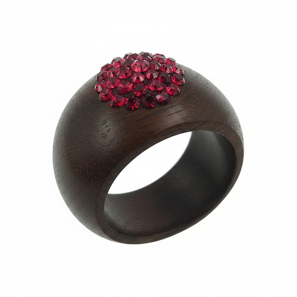 Anello in Legno di Noce con Cristalli Rossi Swarovski