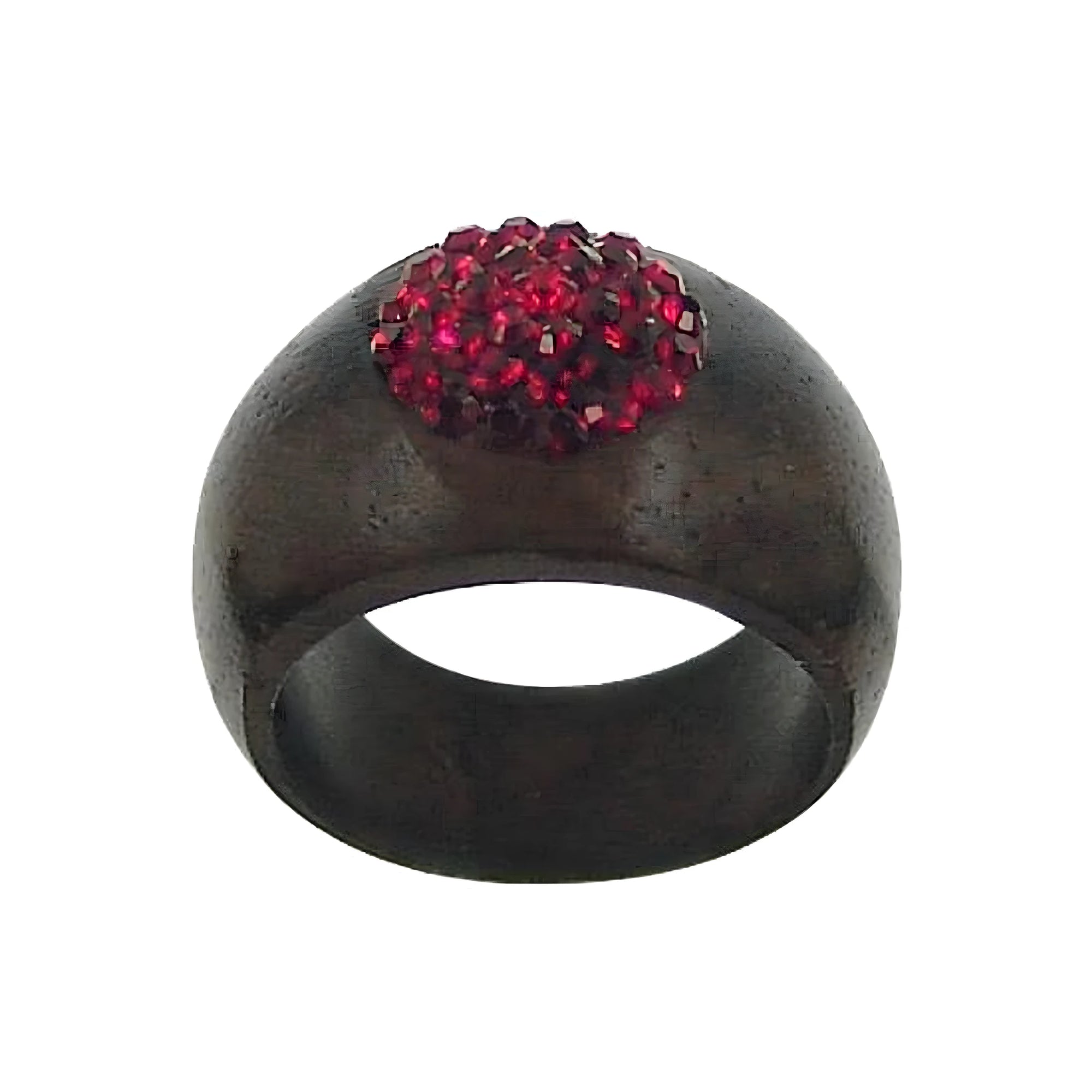 Masywny drewniany pierścionek orzechowy z czerwonymi kryształkami Swarovskiego