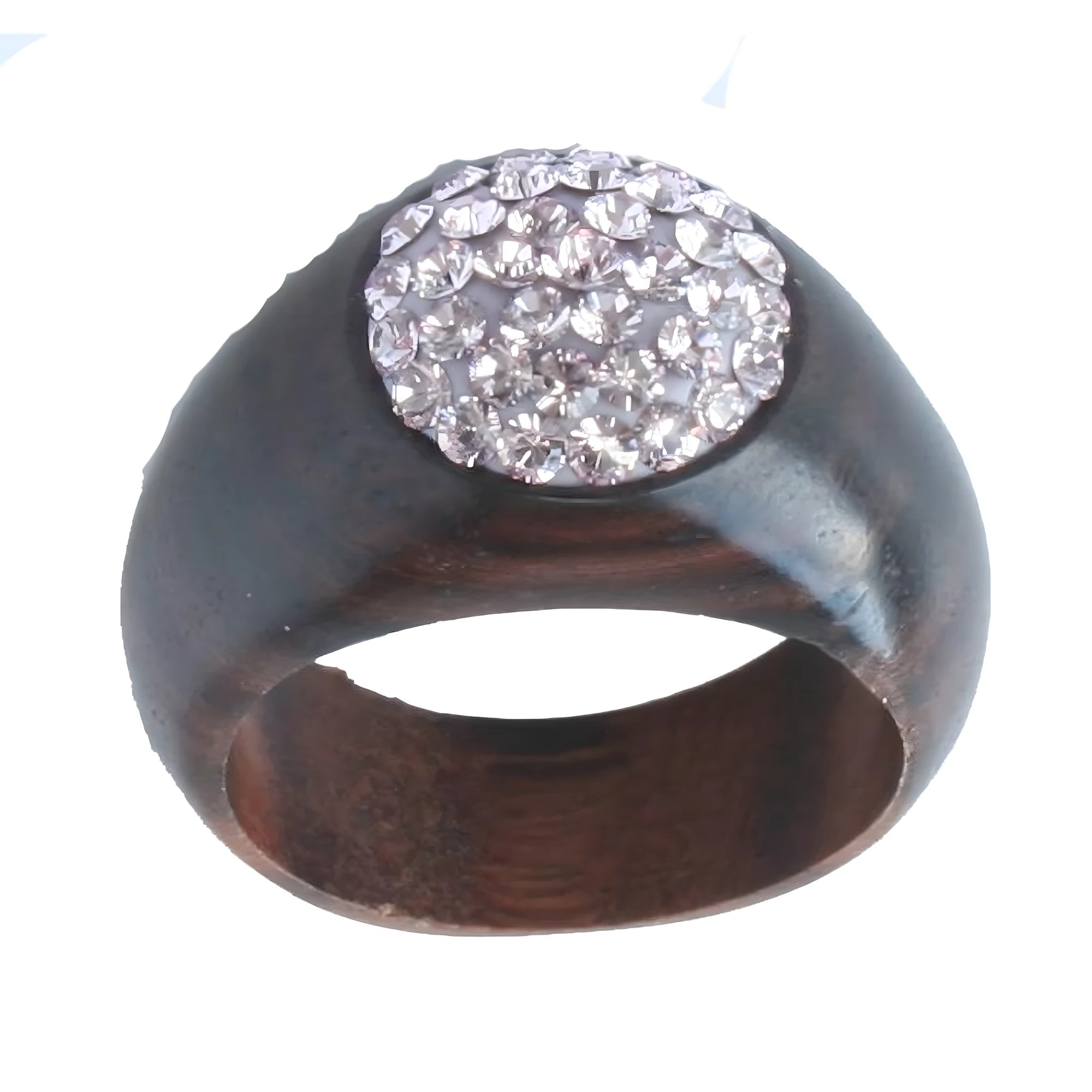 Bague en bois de Noyer foncé avec pavé de Cristaux Swarovski Rose