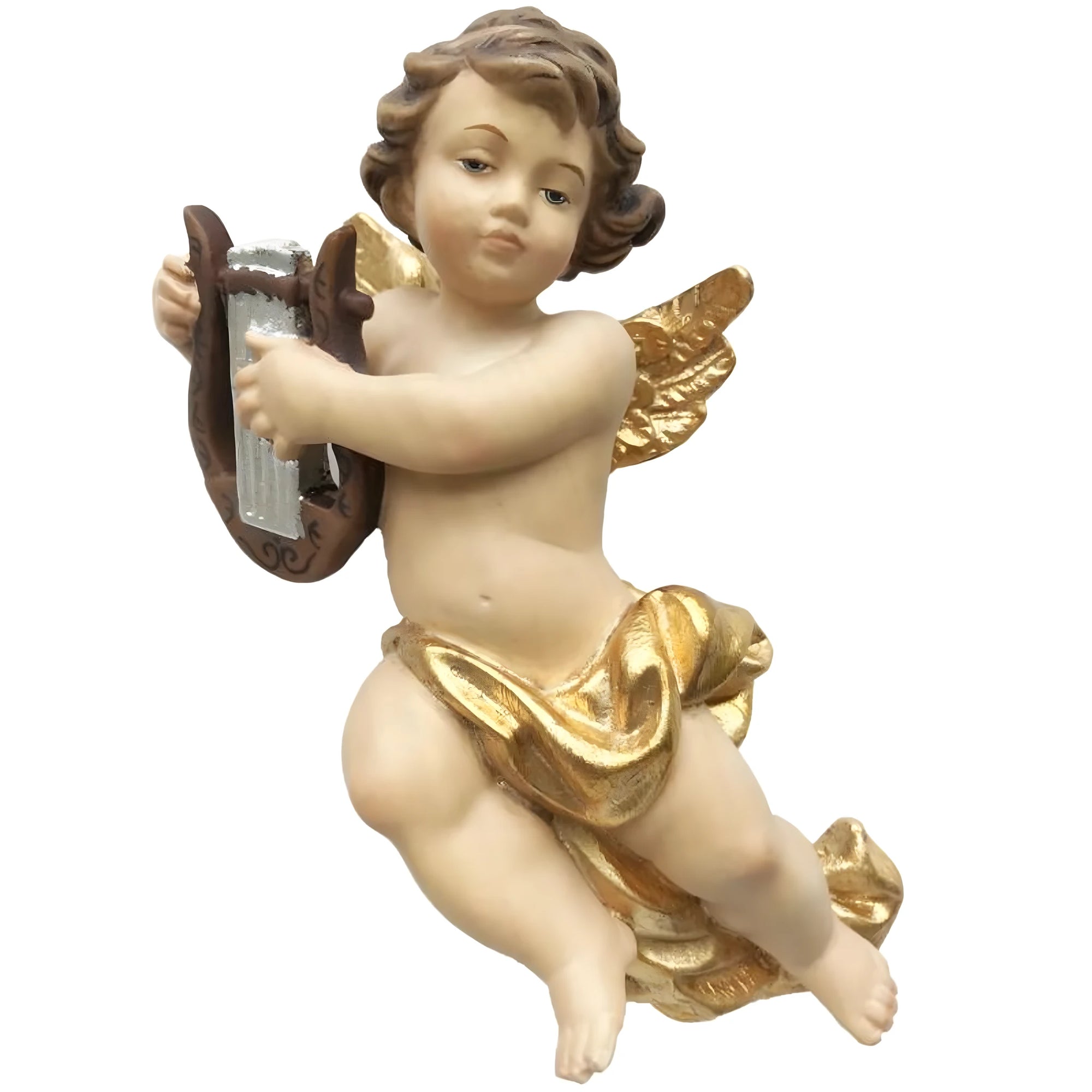 Handmade Wooden Angels: Winged Putto in Flight with Lyre