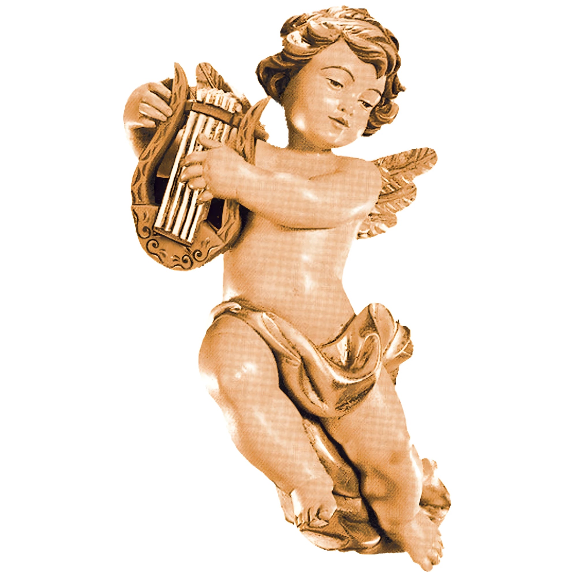 Handmade Wooden Angels: Winged Putto in Flight with Lyre
