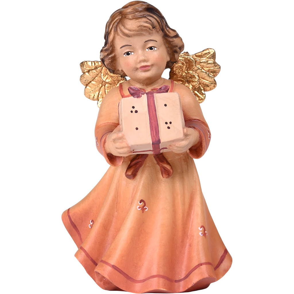 Maple Wood Cherub Angel with Gift | Hand-Painted Sculpture