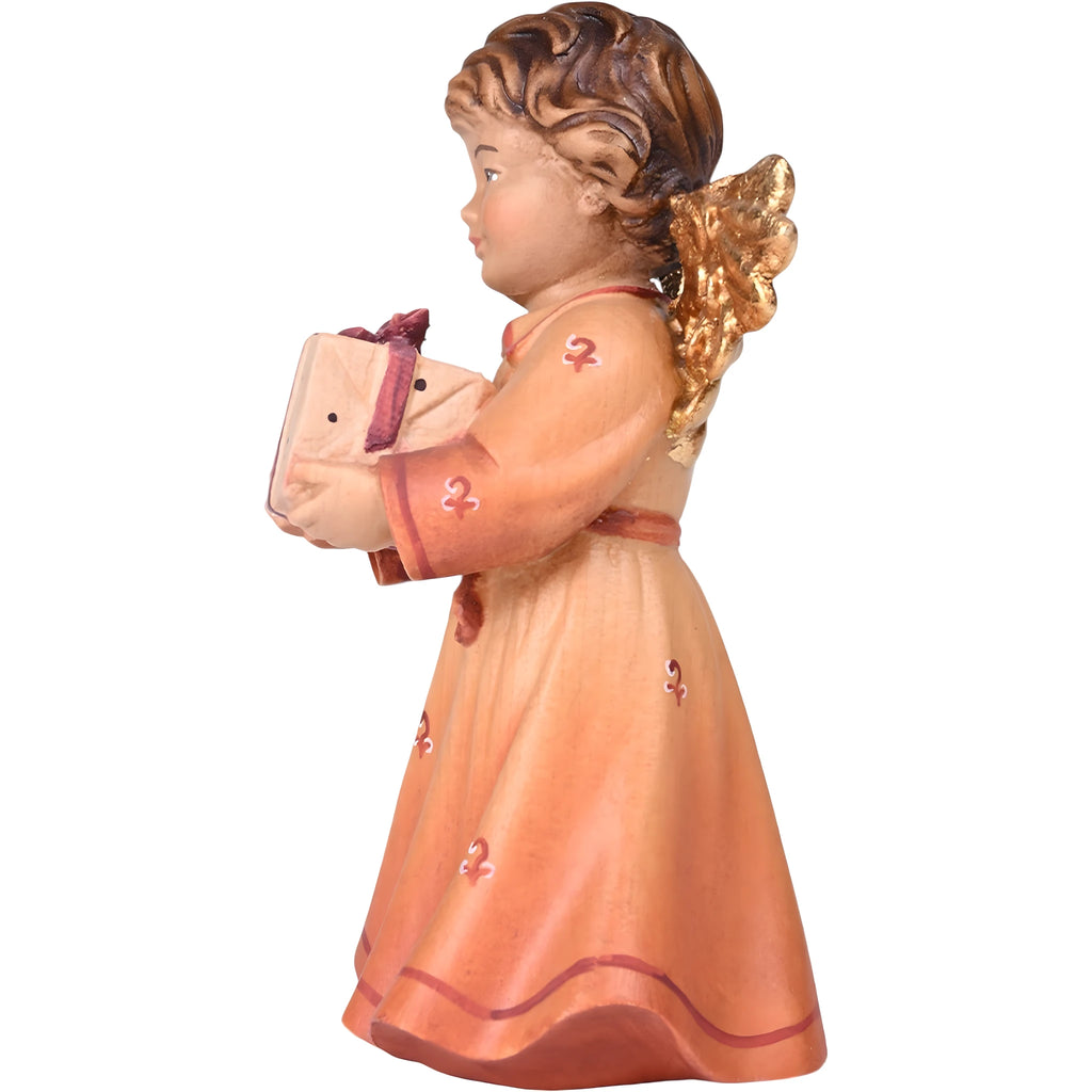 Maple Wood Cherub Angel with Gift | Hand-Painted Sculpture