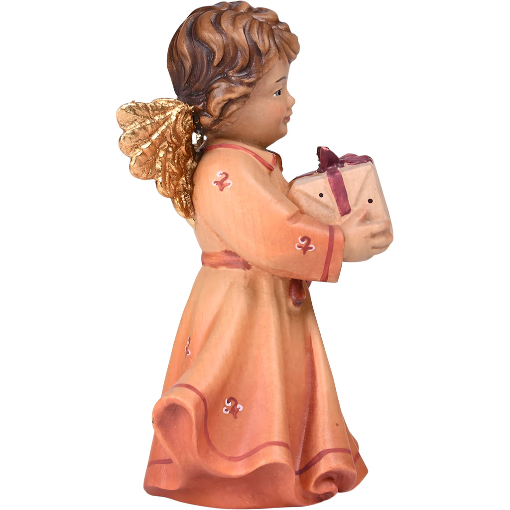 Maple Wood Cherub Angel with Gift | Hand-Painted Sculpture