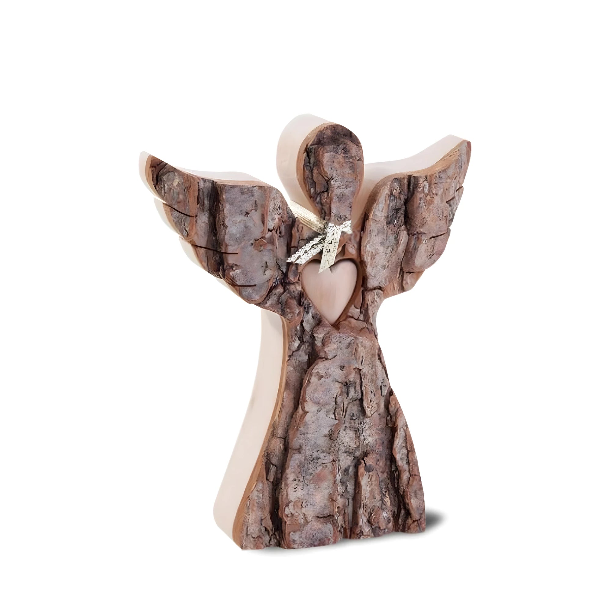 Angelo Custode Stilizzato con Cuore in Corteccia Naturale, 12 cm