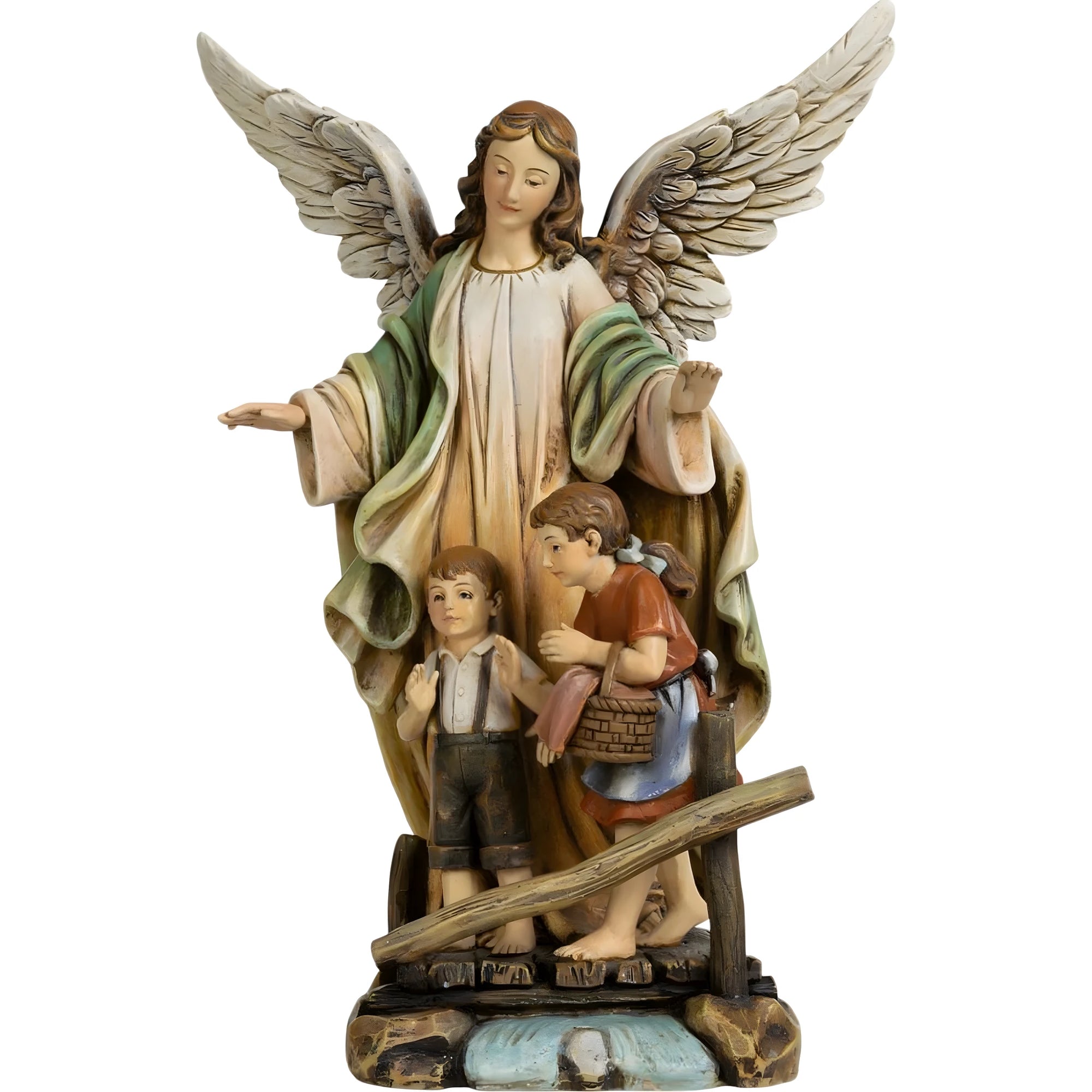 Anjo da Guarda e Crianças na Ponte, Escultura Pintada à Mão Val Gardena