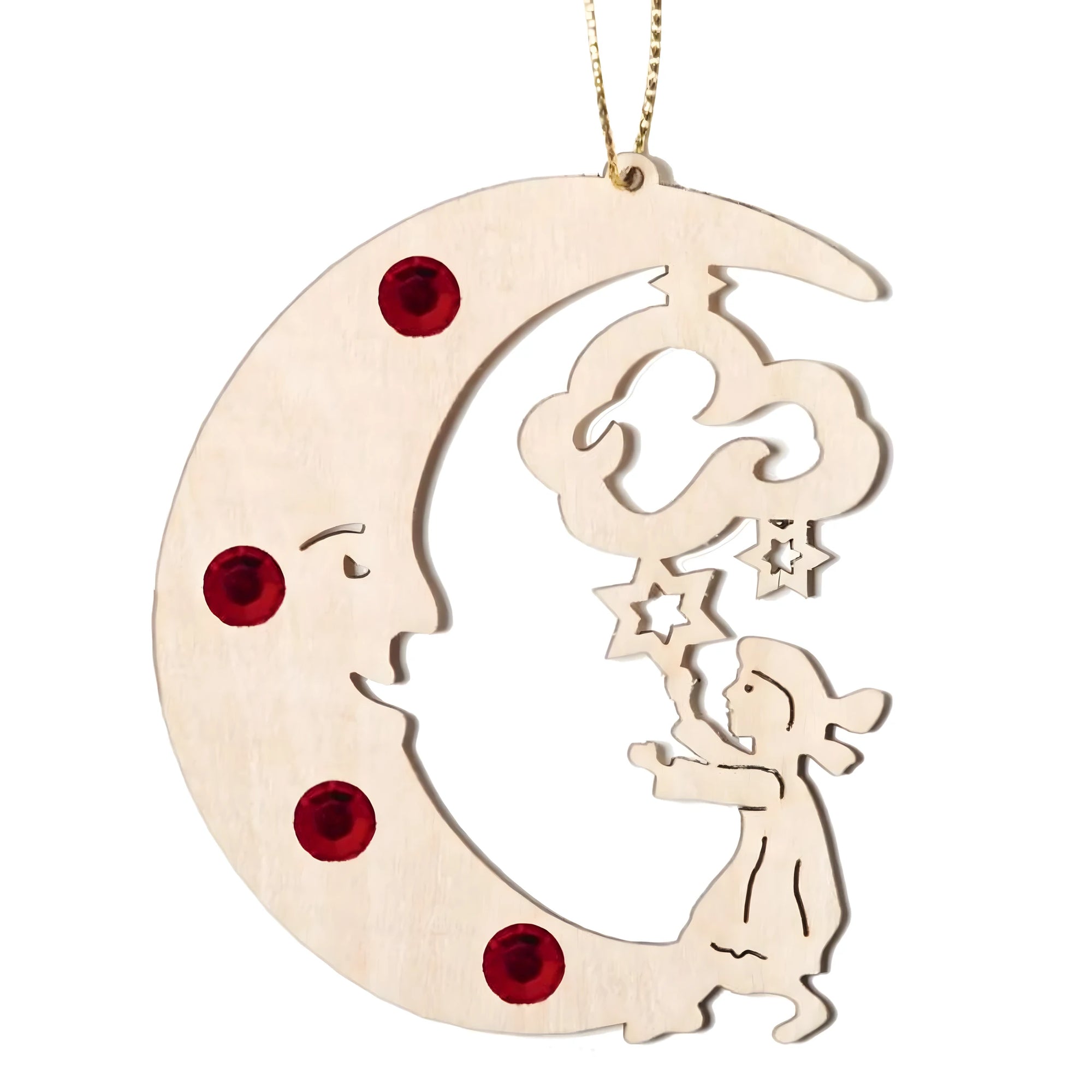 Addobbo in Legno d'Acero – Luna con Bambino e Cristalli Rubino | 7 cm