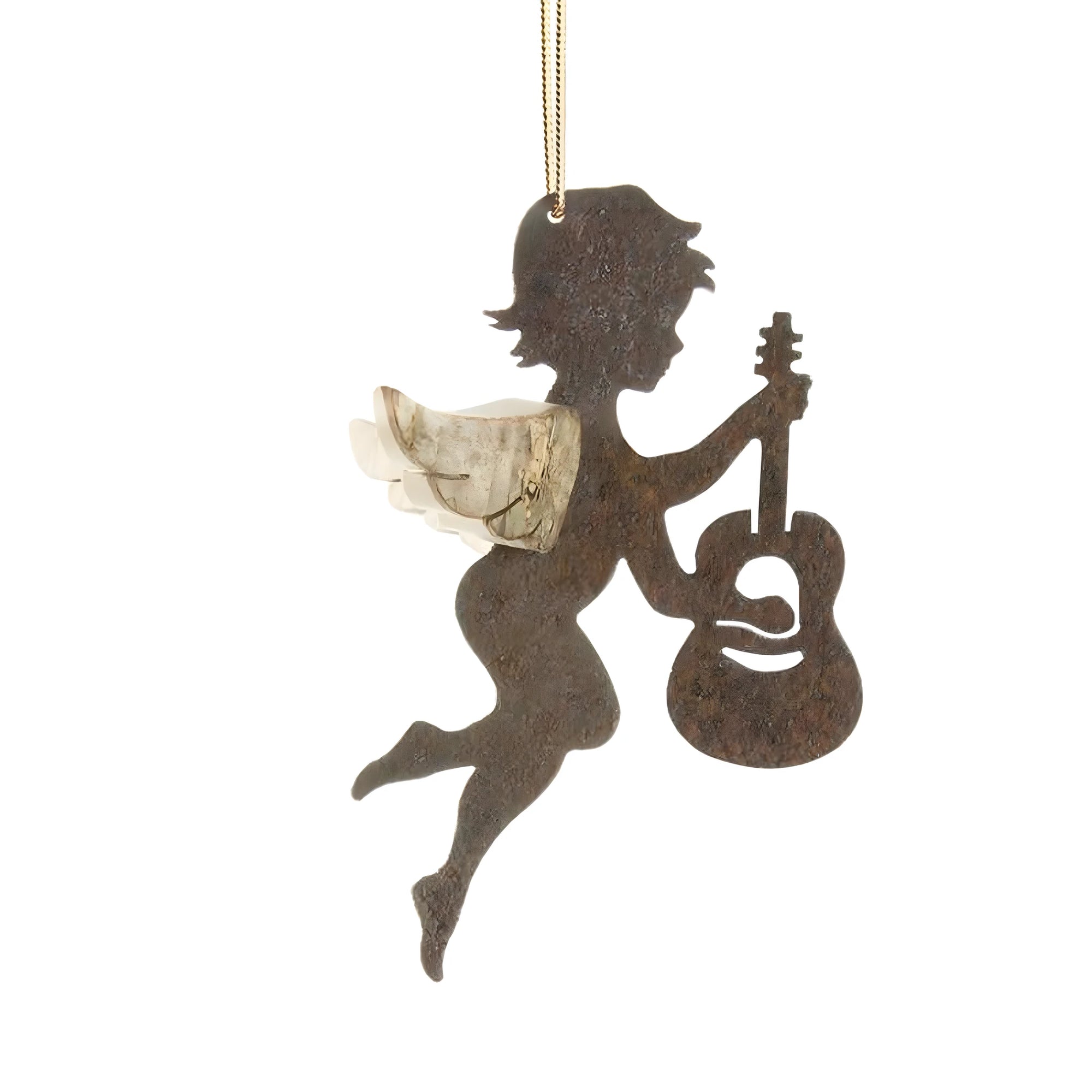 Anjo Musico com Guitarra, Ornamento Artístico em Madeira com Acabamento Oxidado | 6,5 cm
