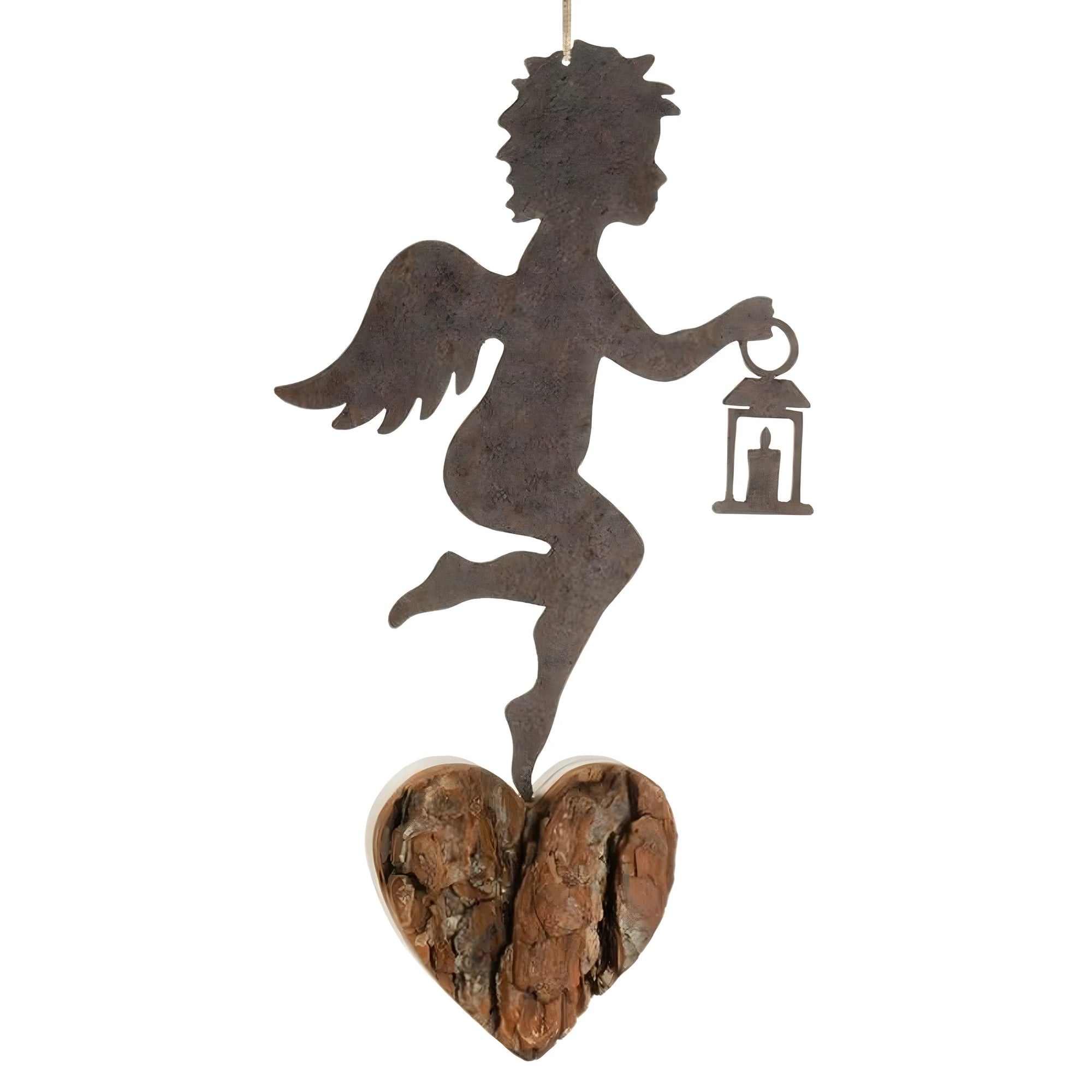 Anjo da Guarda com Lanterna, Ornamento em Metal e Madeira Natural