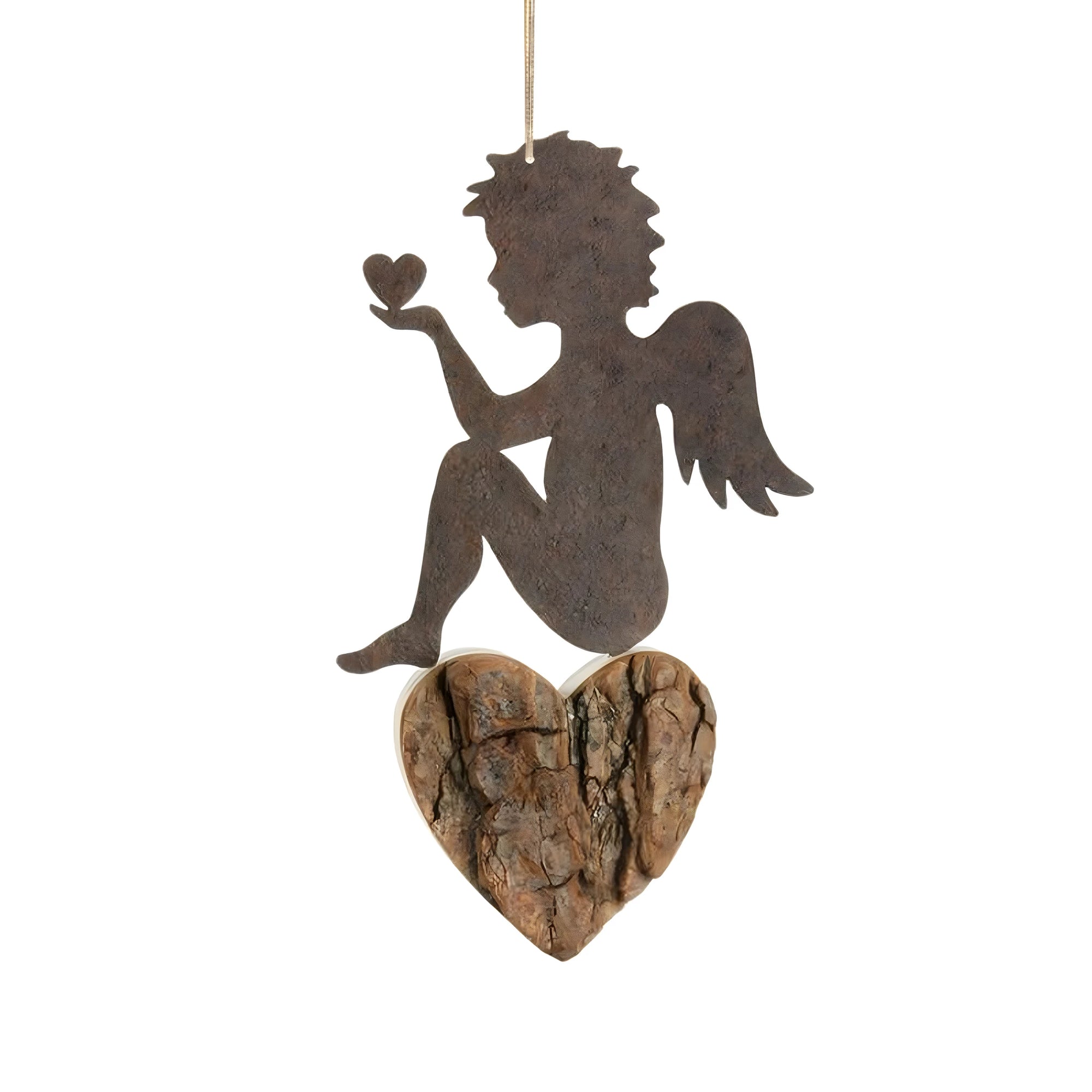 Anjo Querubim Sentado em Coração de Casca Natural – Decoração Artesanal Val Gardena