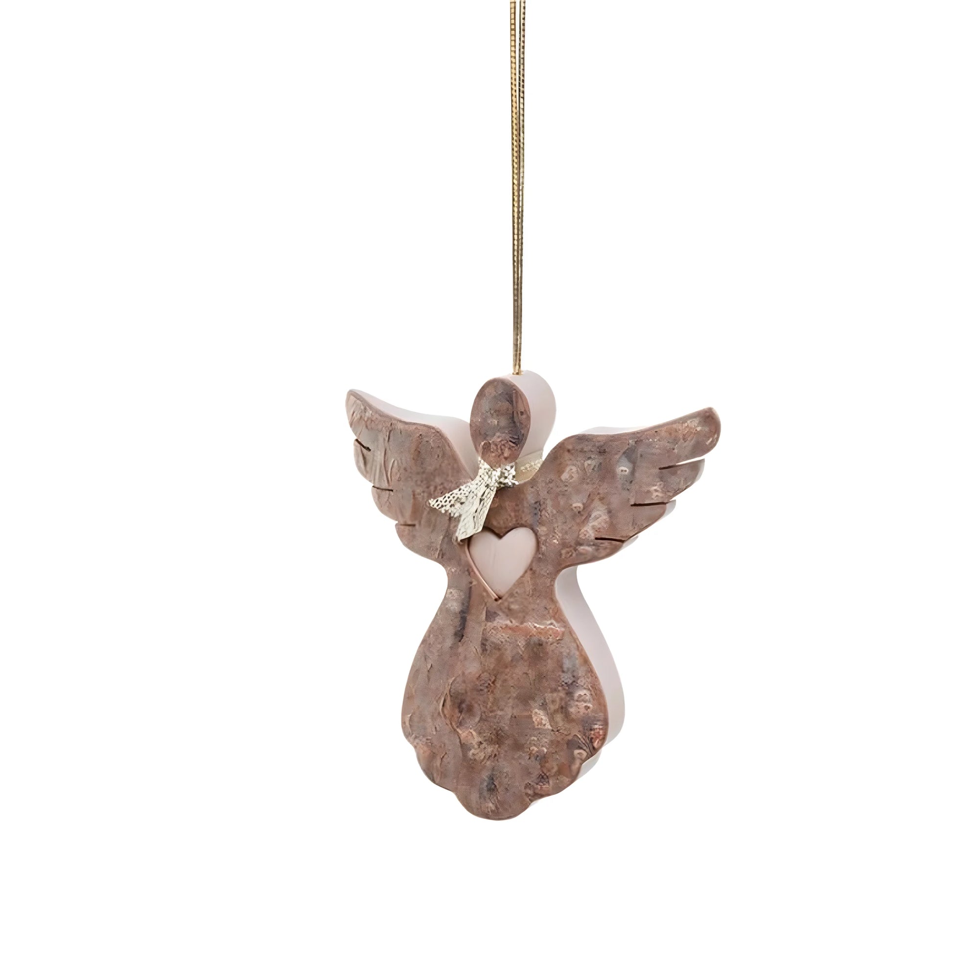 Angelo Scultura con Cuore in Legno d'Acero, Finitura Corteccia 6,5 cm