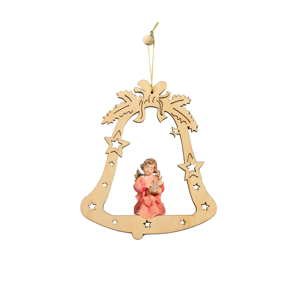 Ángel serafín con arpa de madera de arce en la Campana - Adorno navideño Val Gardena