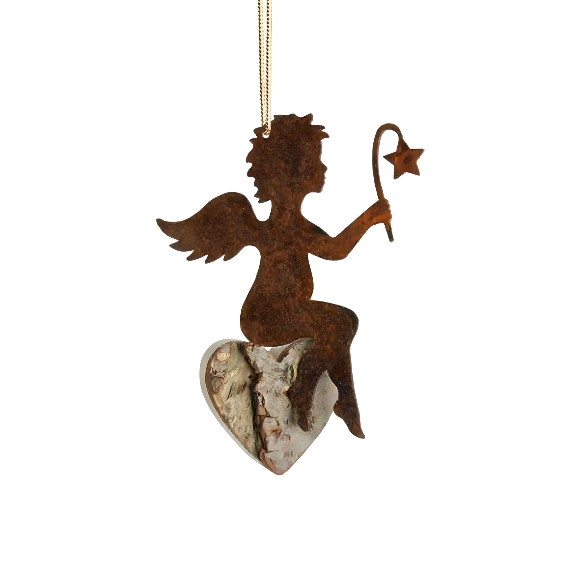 Anjo Estilizado sobre Coração em Madeira e Metal, Artesanato Val Gardena 7,5 cm