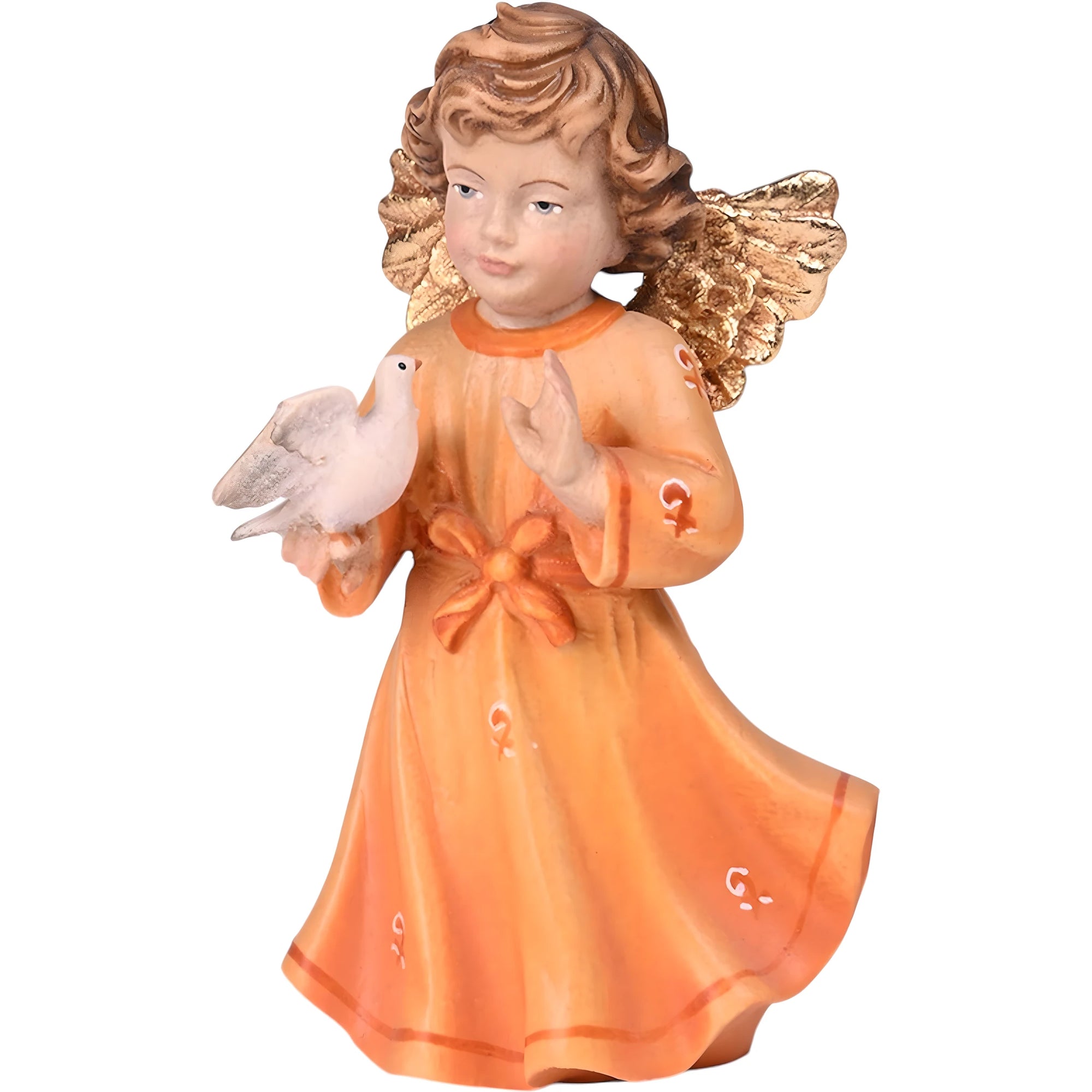 Angel with Dove in Maple Wood, Sacred Sculpture from Val Gardena, Gold Finish