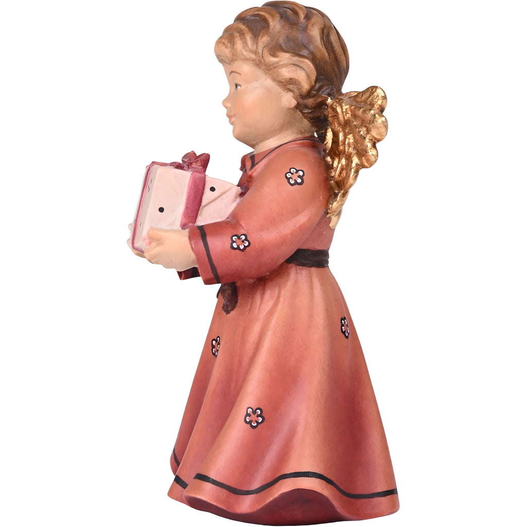 Angel with Christmas Gift in Maple Wood | Handcrafted Sculpture Val Gardena