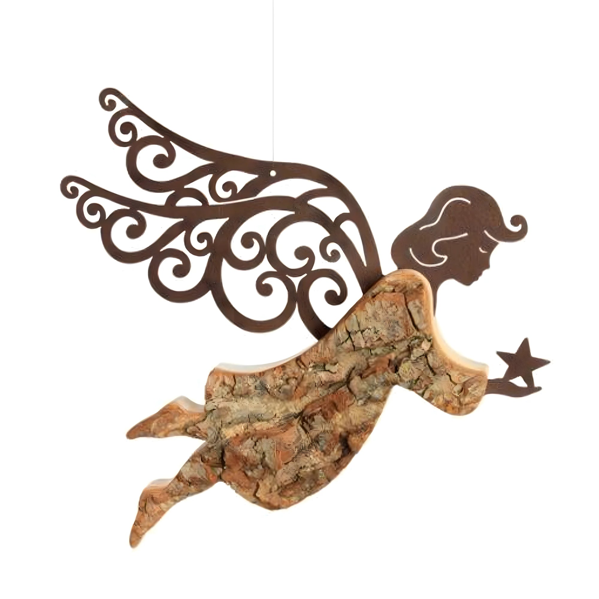 Angelo con le Ali in Stile Moderno: Scultura da Appendere in Legno Naturale e Rame