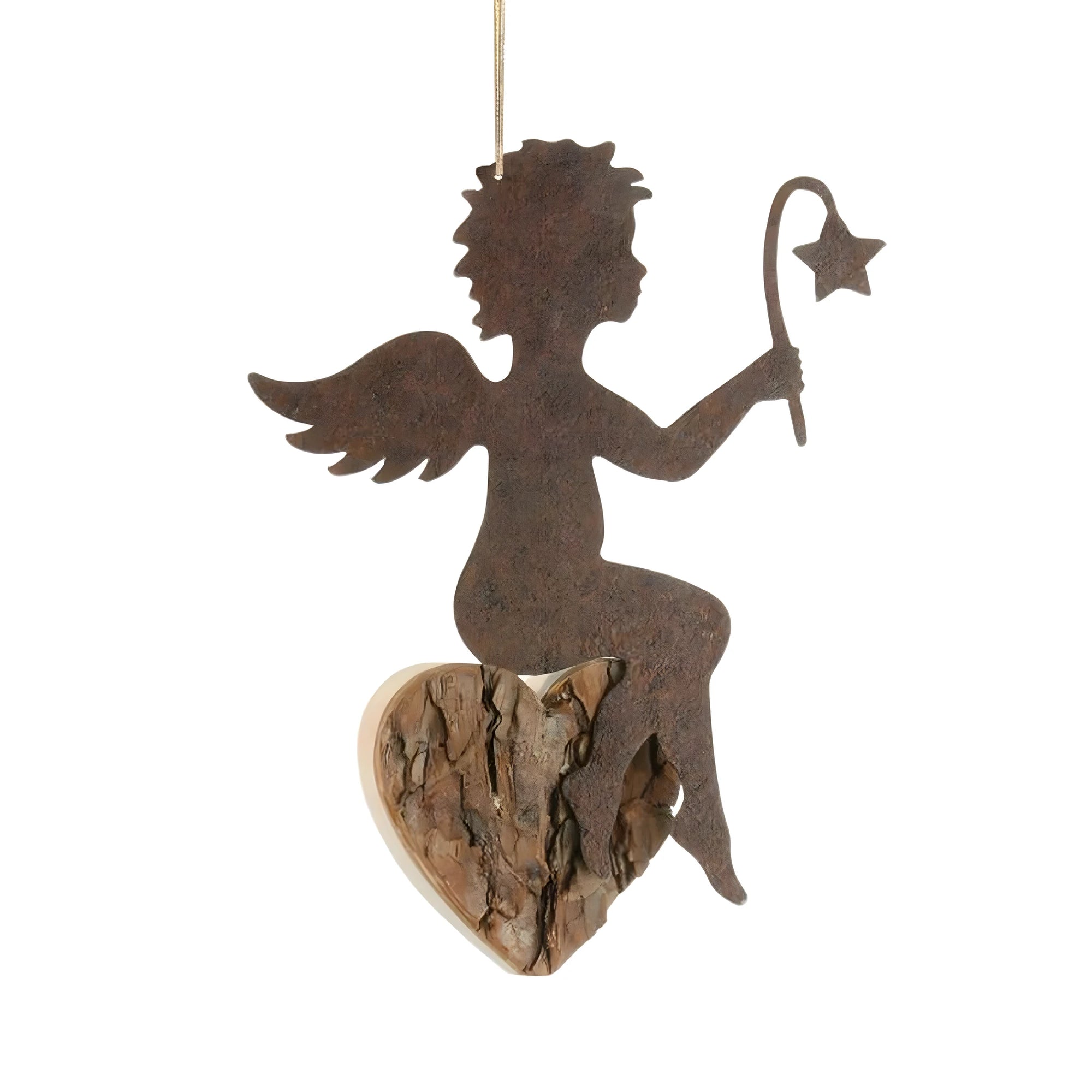 Anjo do Coração Estilizado com Efeito Corten e Base de Madeira Natural