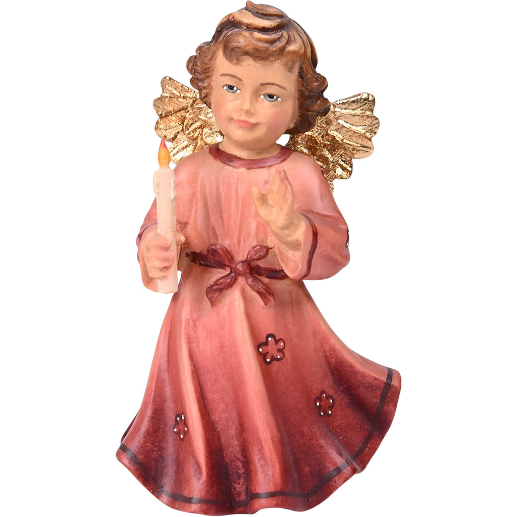Ange en bois sculpté avec bougie, robe rouge | Artisanat du Val Gardena