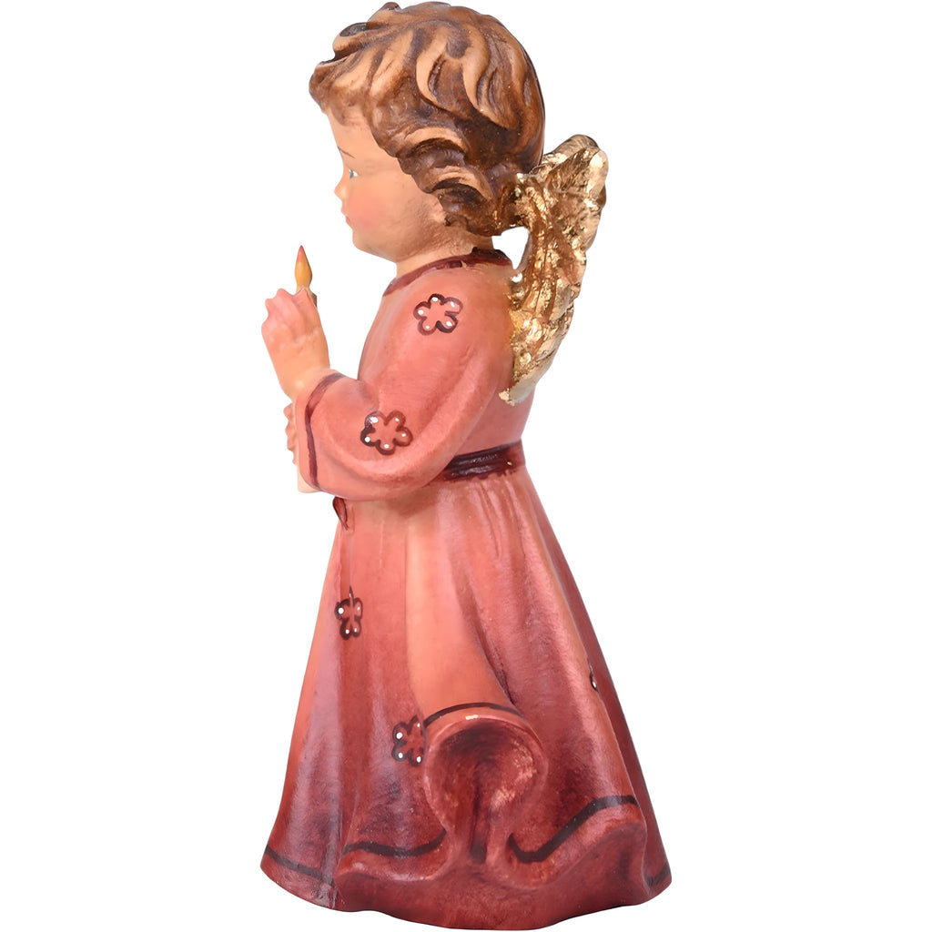 Ange en bois sculpté avec bougie, robe rouge | Artisanat du Val Gardena