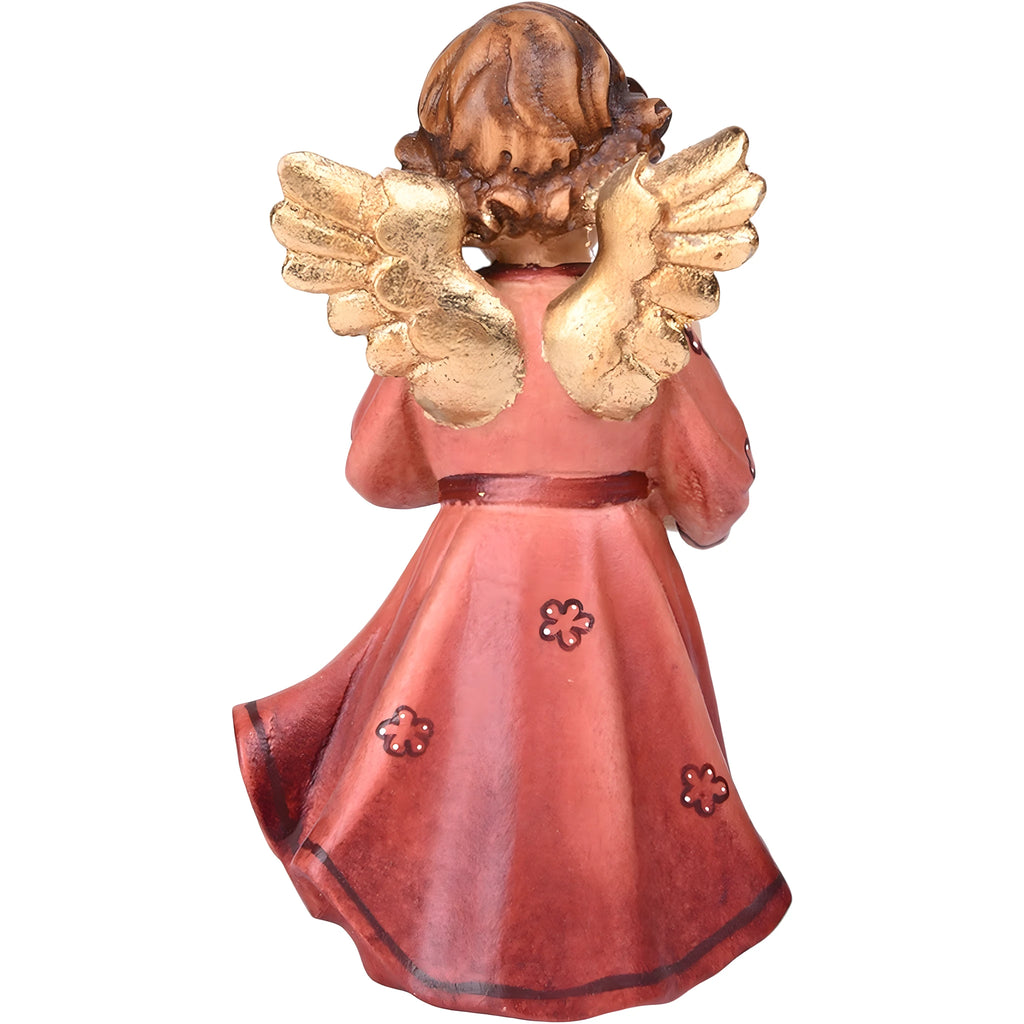 Ange en bois sculpté avec bougie, robe rouge | Artisanat du Val Gardena