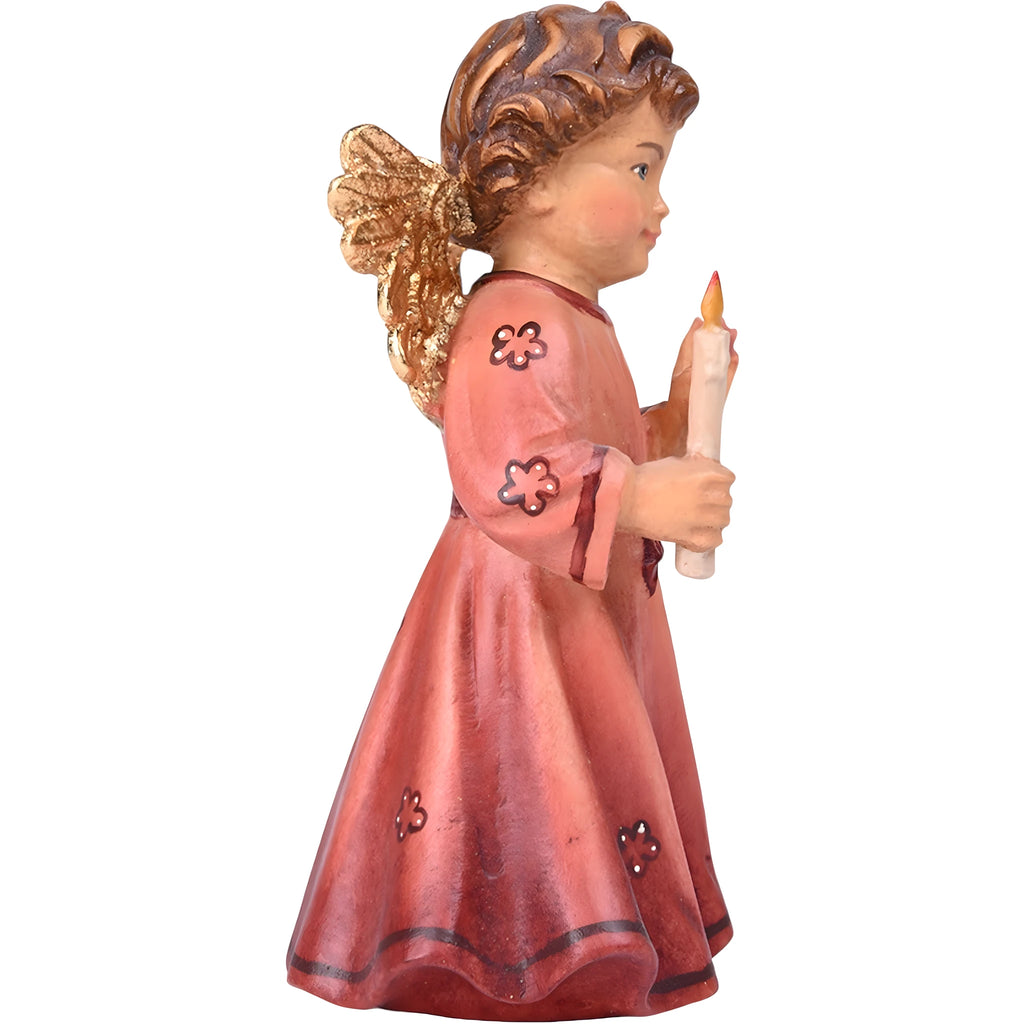 Ange en bois sculpté avec bougie, robe rouge | Artisanat du Val Gardena