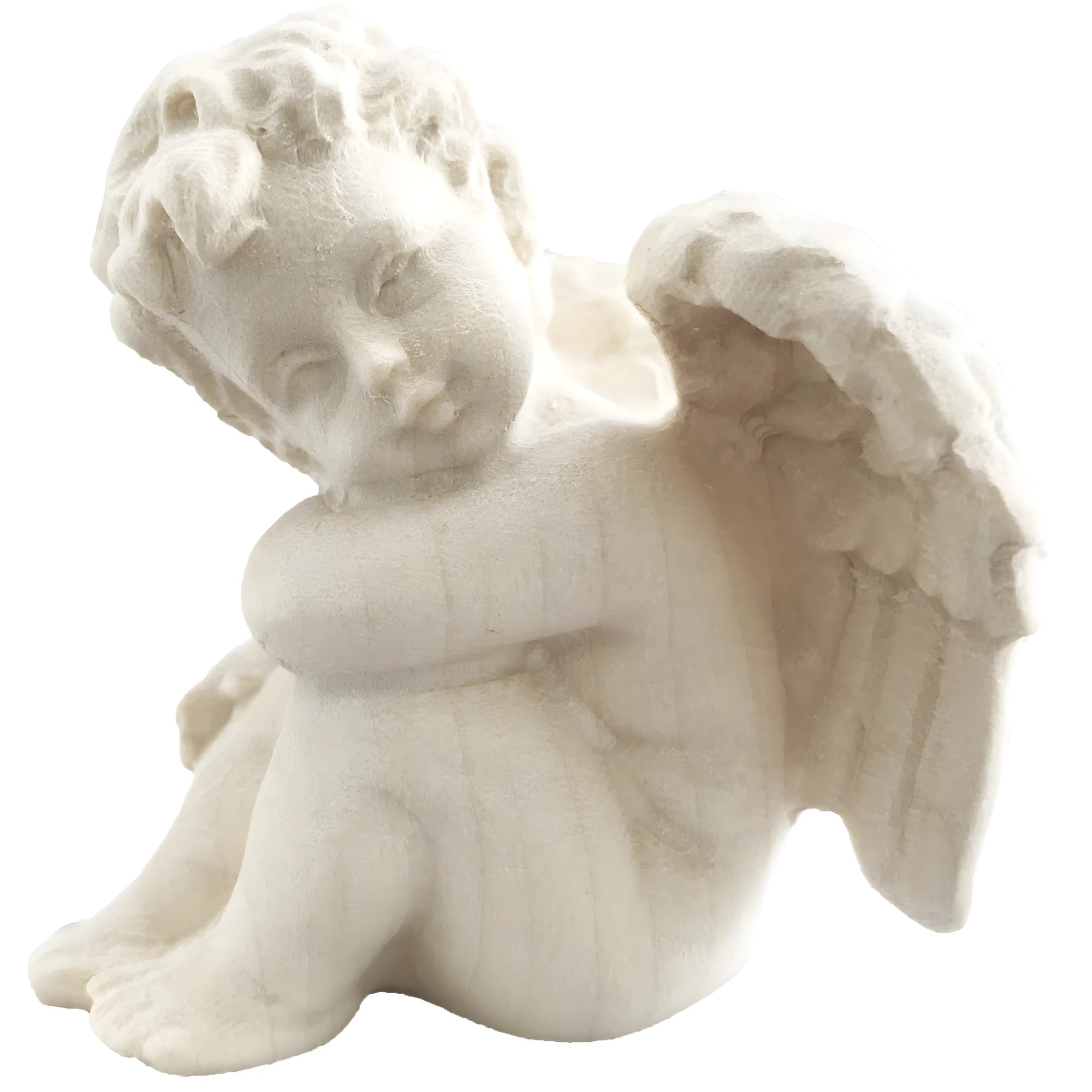 Handcrafted Maple Wood Angel: Winged Cherub in Contemplative Pose