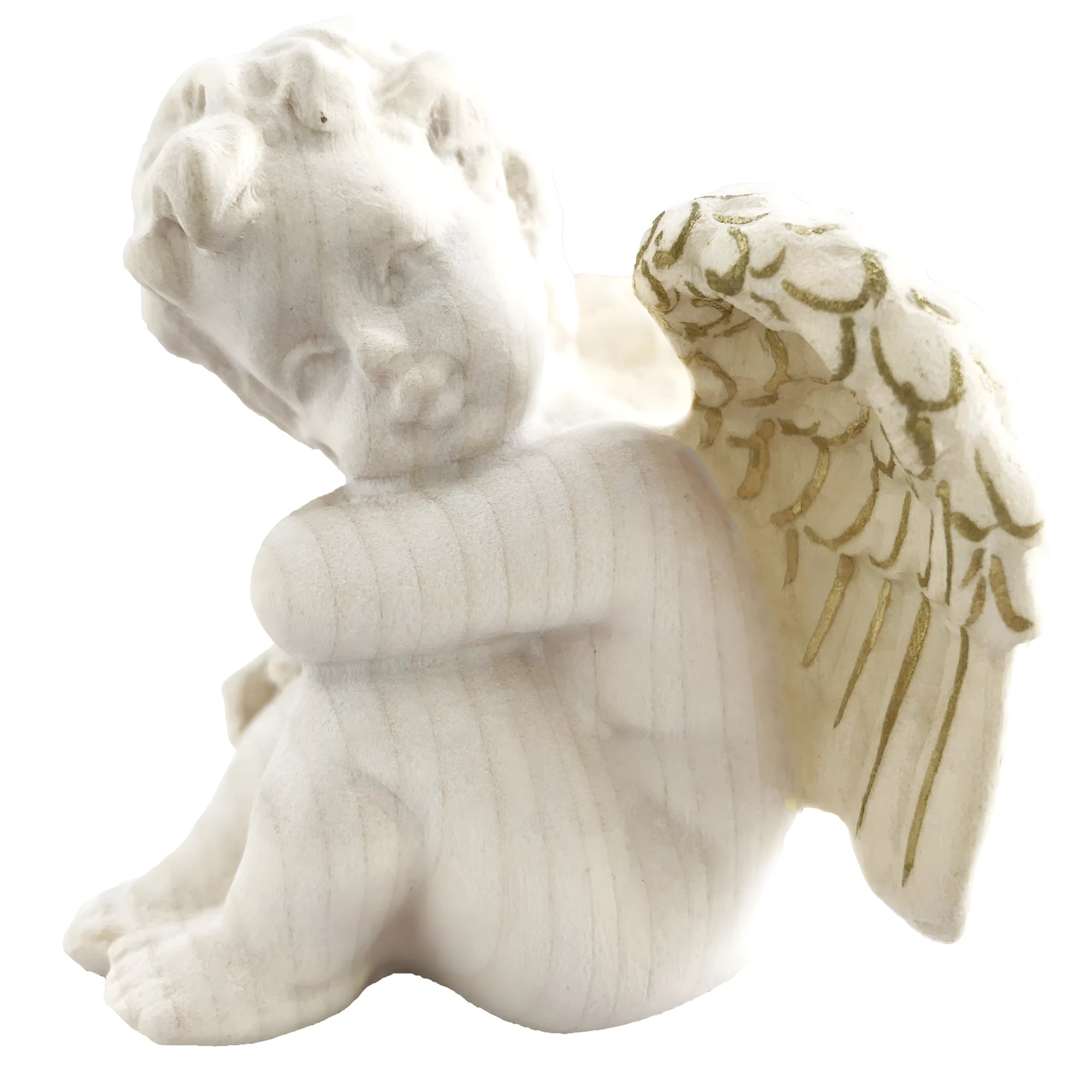 Handcrafted Maple Wood Angel: Winged Cherub in Contemplative Pose